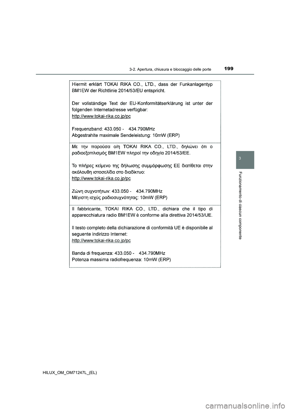 TOYOTA HILUX 2017  Manuale duso (in Italian) 1993-2. Apertura, chiusura e bloccaggio delle porte
3
Funzionamento di ciascun componente
HILUX_OM_OM71247L_(EL) 