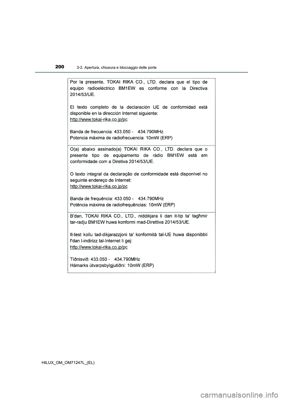 TOYOTA HILUX 2017  Manuale duso (in Italian) 2003-2. Apertura, chiusura e bloccaggio delle porte
HILUX_OM_OM71247L_(EL) 