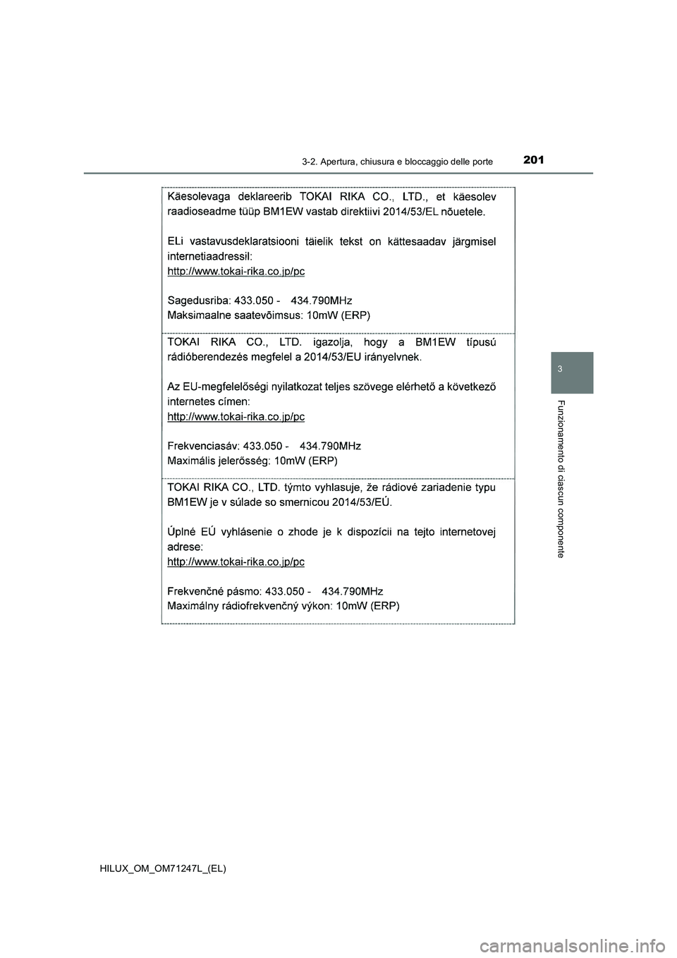 TOYOTA HILUX 2017  Manuale duso (in Italian) 2013-2. Apertura, chiusura e bloccaggio delle porte
3
Funzionamento di ciascun componente
HILUX_OM_OM71247L_(EL) 