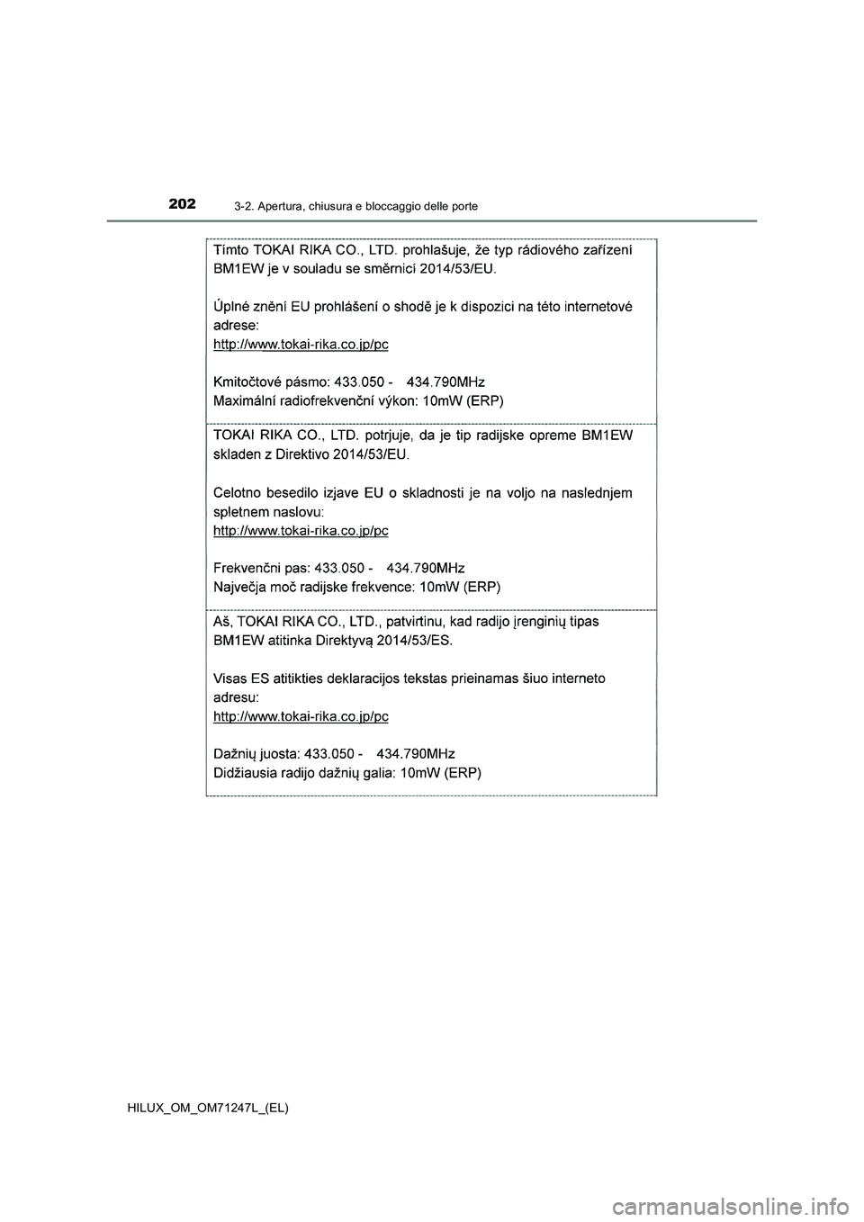 TOYOTA HILUX 2017  Manuale duso (in Italian) 2023-2. Apertura, chiusura e bloccaggio delle porte
HILUX_OM_OM71247L_(EL) 