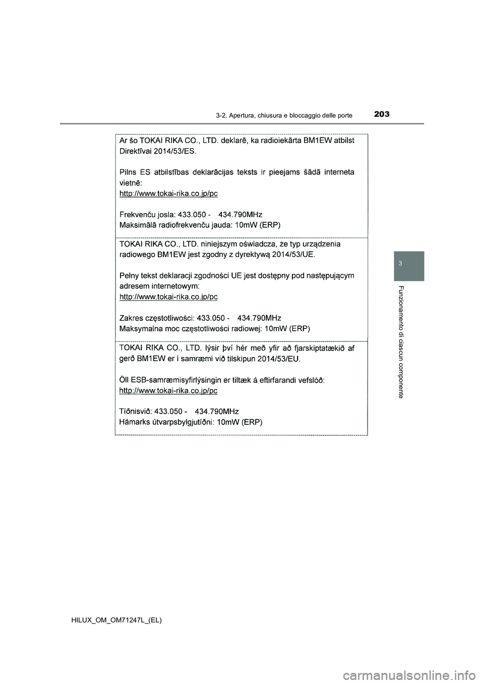 TOYOTA HILUX 2017  Manuale duso (in Italian) 2033-2. Apertura, chiusura e bloccaggio delle porte
3
Funzionamento di ciascun componente
HILUX_OM_OM71247L_(EL) 
