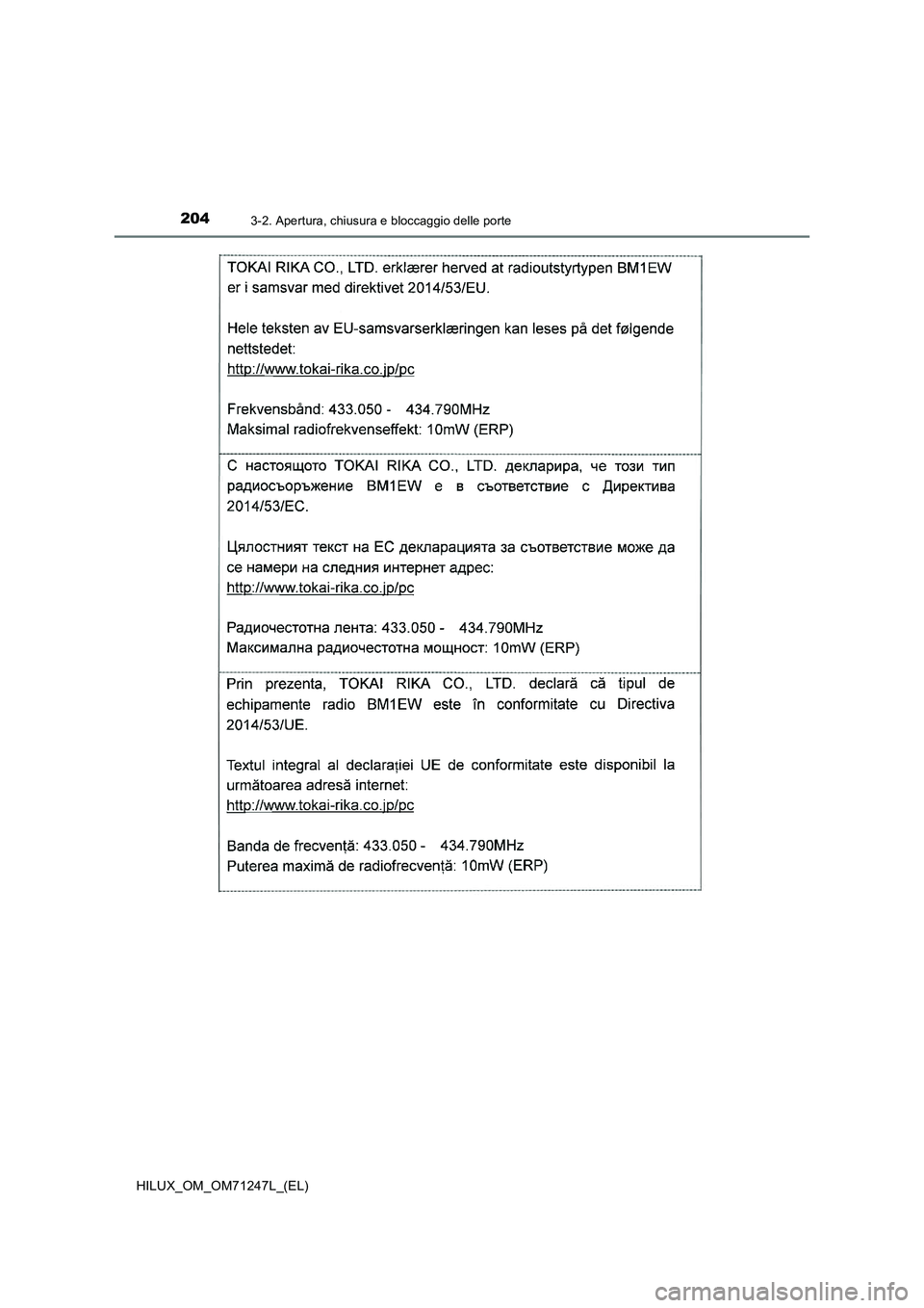TOYOTA HILUX 2017  Manuale duso (in Italian) 2043-2. Apertura, chiusura e bloccaggio delle porte
HILUX_OM_OM71247L_(EL) 