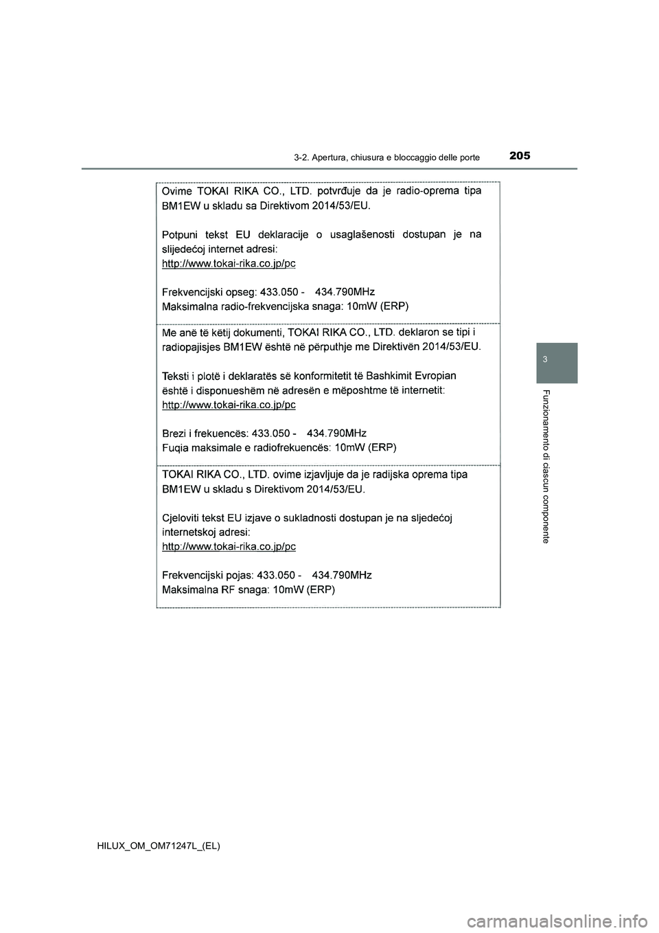 TOYOTA HILUX 2017  Manuale duso (in Italian) 2053-2. Apertura, chiusura e bloccaggio delle porte
3
Funzionamento di ciascun componente
HILUX_OM_OM71247L_(EL) 