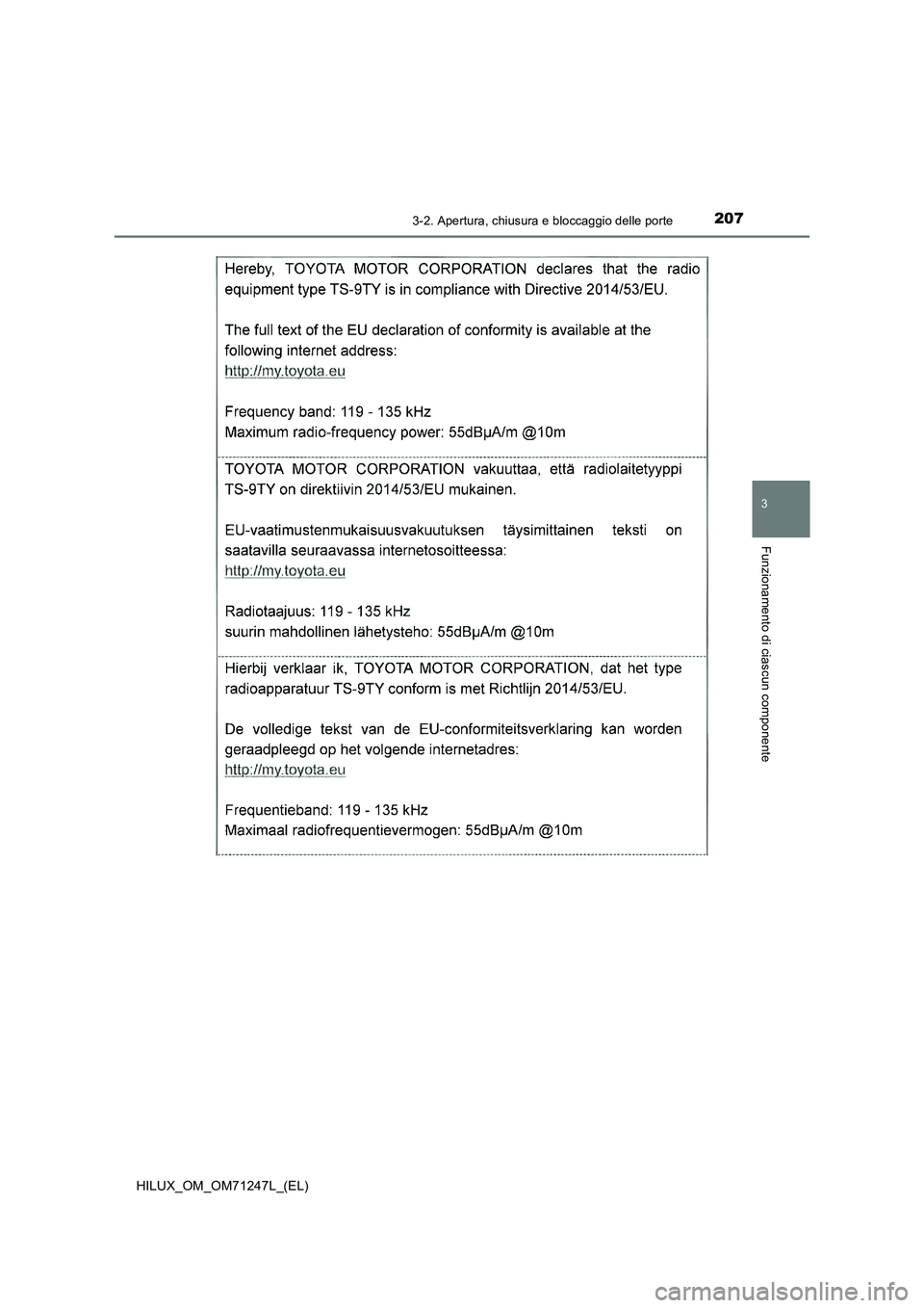 TOYOTA HILUX 2017  Manuale duso (in Italian) 2073-2. Apertura, chiusura e bloccaggio delle porte
3
Funzionamento di ciascun componente
HILUX_OM_OM71247L_(EL) 