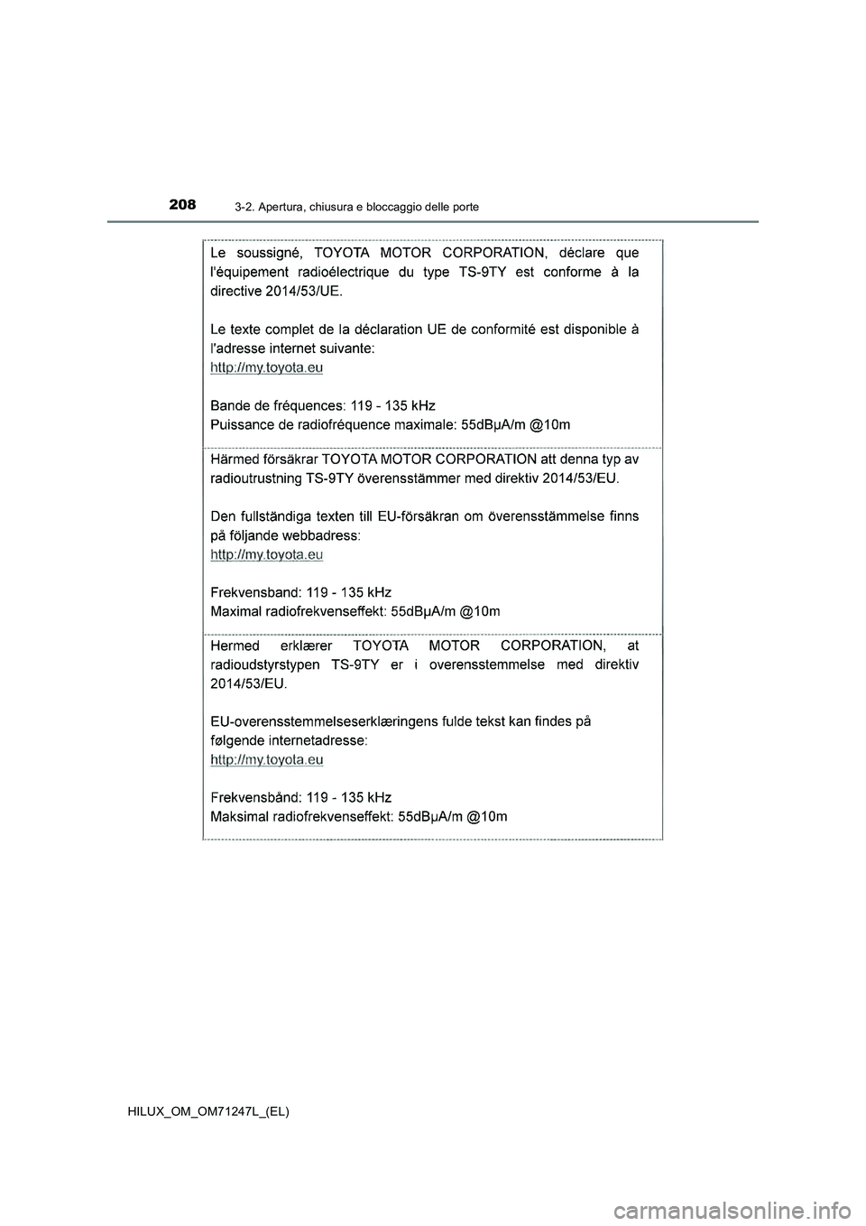TOYOTA HILUX 2017  Manuale duso (in Italian) 2083-2. Apertura, chiusura e bloccaggio delle porte
HILUX_OM_OM71247L_(EL) 