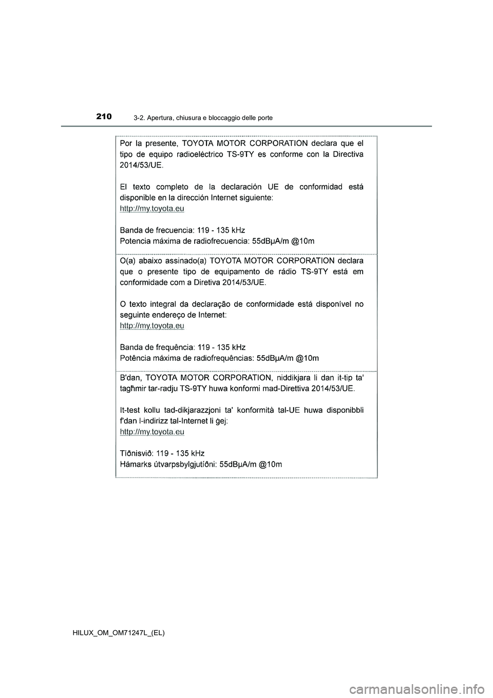 TOYOTA HILUX 2017  Manuale duso (in Italian) 2103-2. Apertura, chiusura e bloccaggio delle porte
HILUX_OM_OM71247L_(EL) 