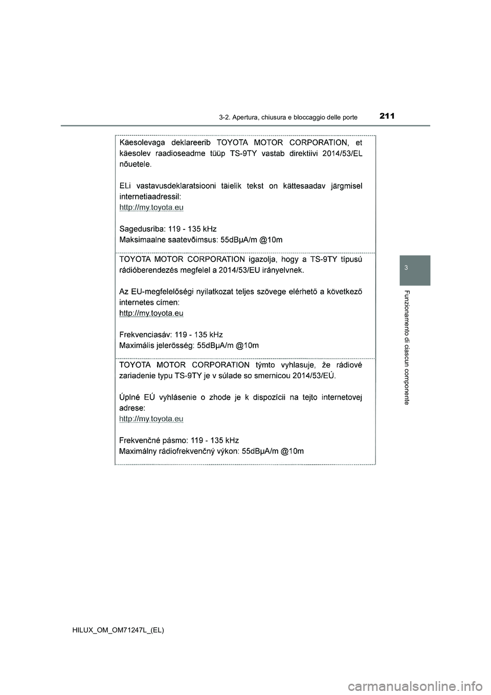 TOYOTA HILUX 2017  Manuale duso (in Italian) 2113-2. Apertura, chiusura e bloccaggio delle porte
3
Funzionamento di ciascun componente
HILUX_OM_OM71247L_(EL) 