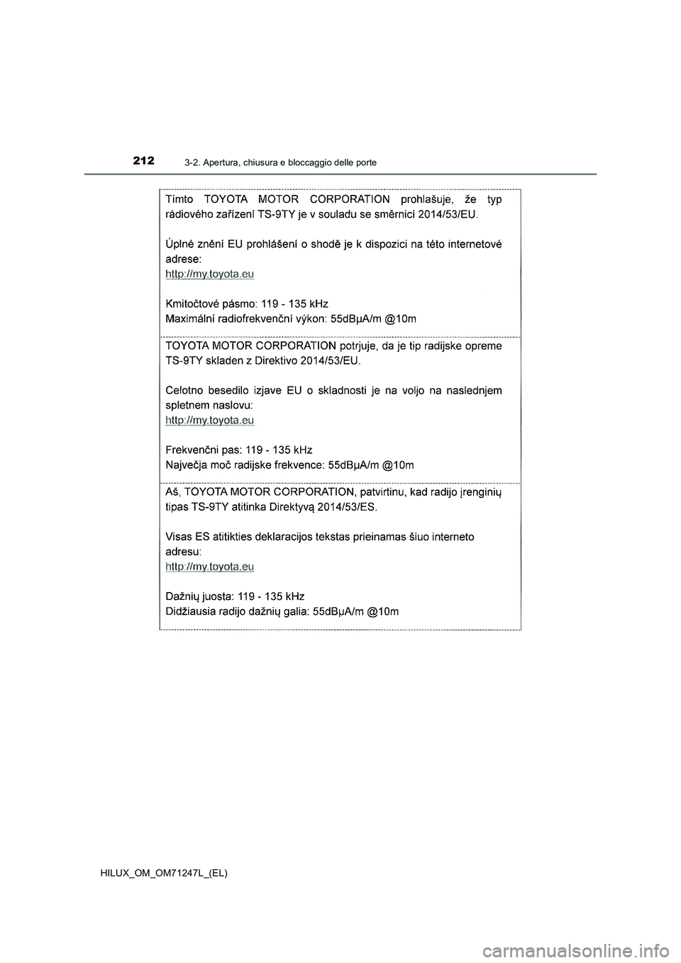 TOYOTA HILUX 2017  Manuale duso (in Italian) 2123-2. Apertura, chiusura e bloccaggio delle porte
HILUX_OM_OM71247L_(EL) 