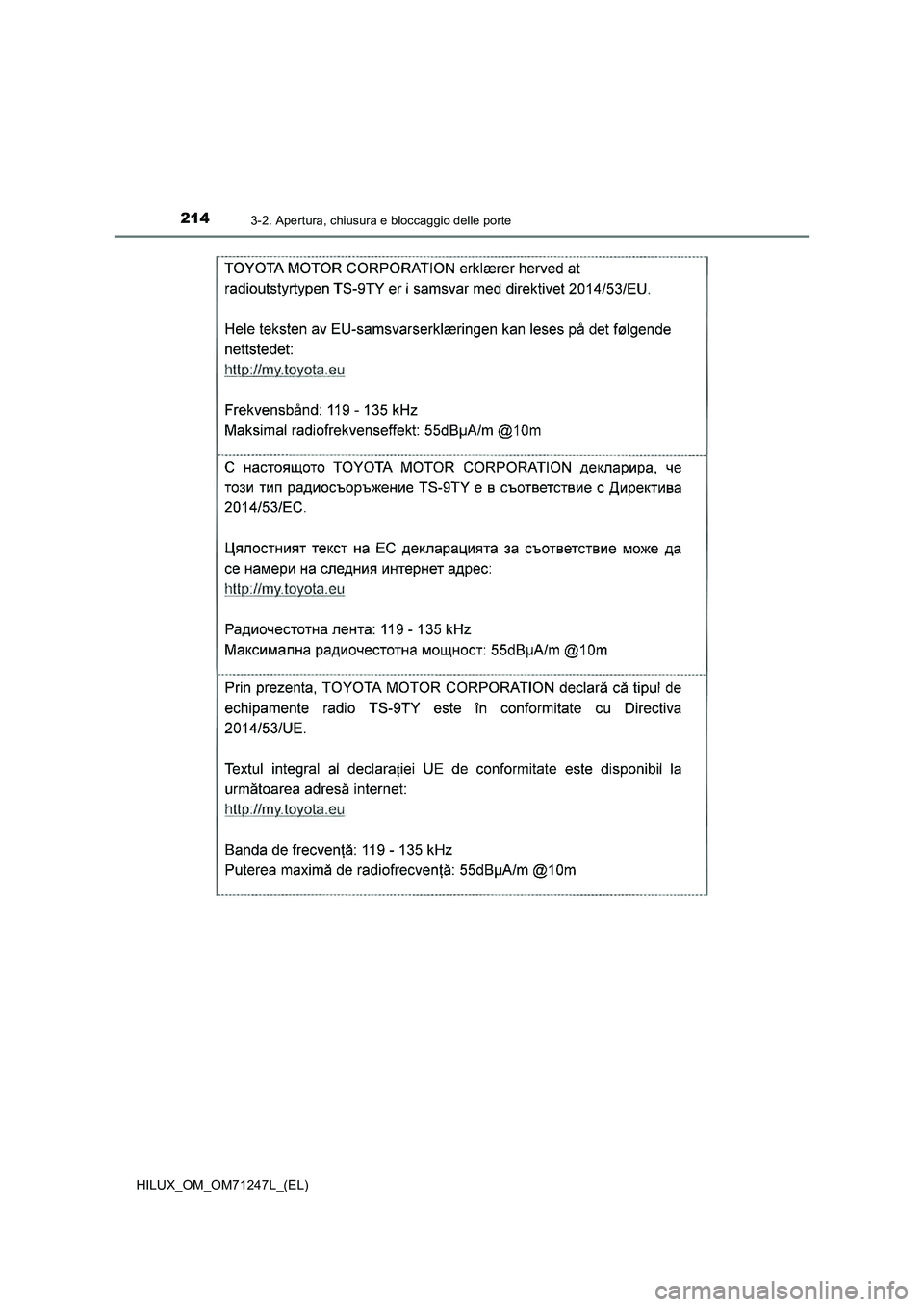 TOYOTA HILUX 2017  Manuale duso (in Italian) 2143-2. Apertura, chiusura e bloccaggio delle porte
HILUX_OM_OM71247L_(EL) 