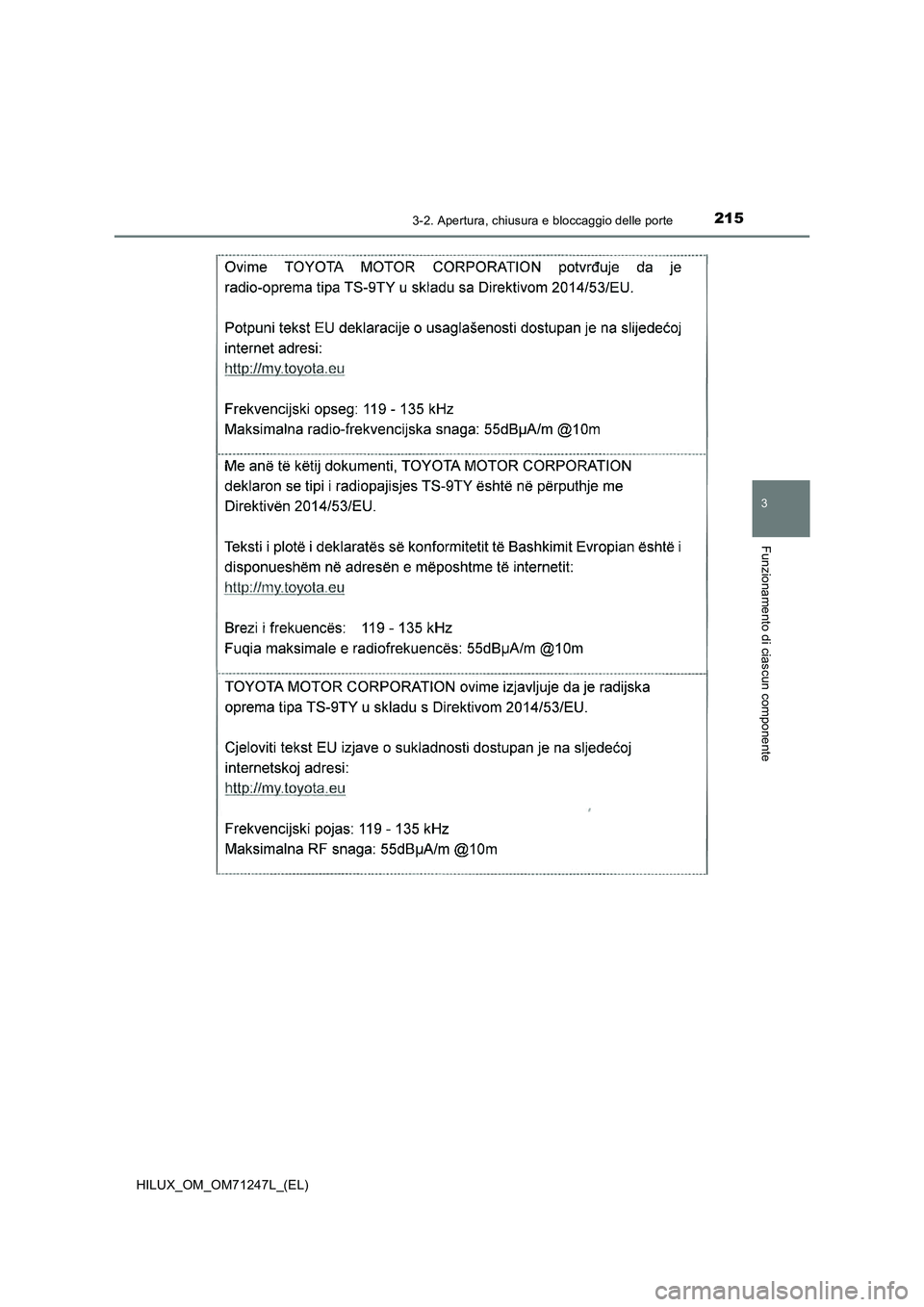 TOYOTA HILUX 2017  Manuale duso (in Italian) 2153-2. Apertura, chiusura e bloccaggio delle porte
3
Funzionamento di ciascun componente
HILUX_OM_OM71247L_(EL) 