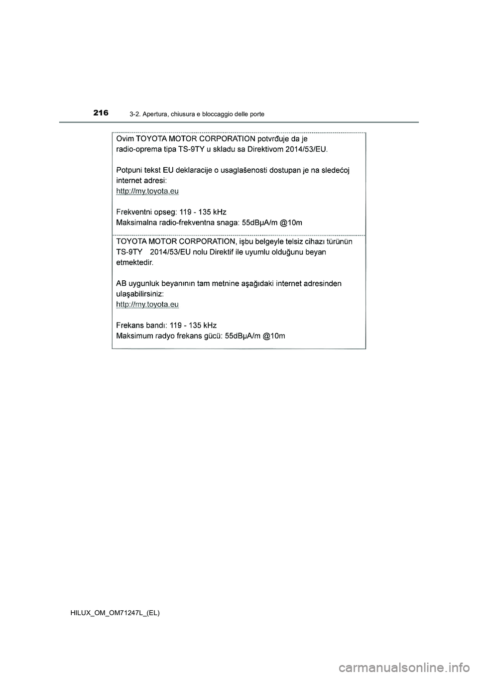 TOYOTA HILUX 2017  Manuale duso (in Italian) 2163-2. Apertura, chiusura e bloccaggio delle porte
HILUX_OM_OM71247L_(EL) 