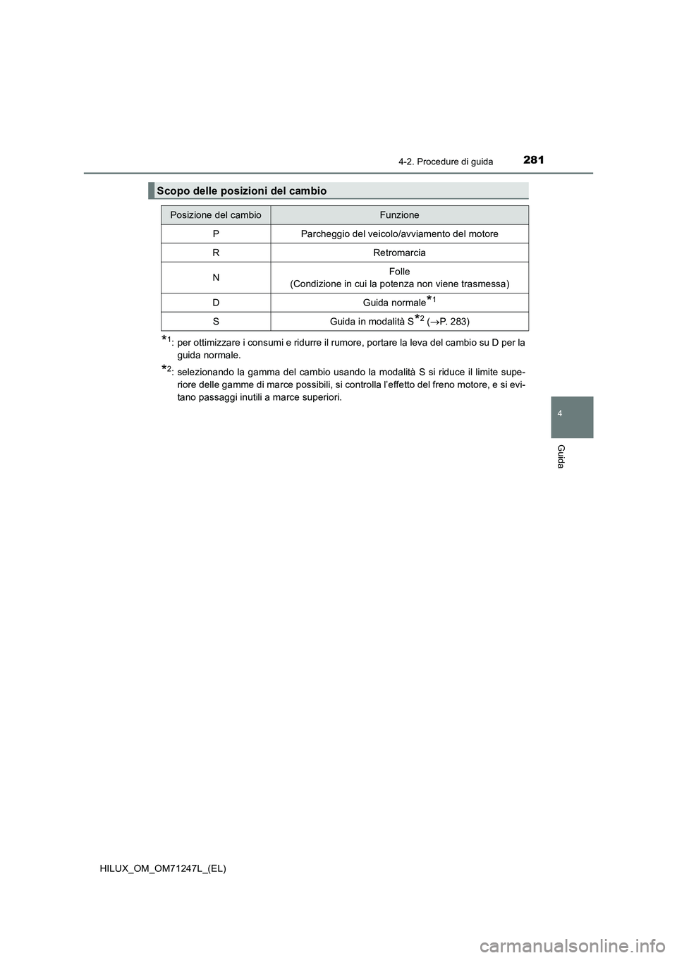 TOYOTA HILUX 2017  Manuale duso (in Italian) 2814-2. Procedure di guida
4
Guida
HILUX_OM_OM71247L_(EL)
*1: per ottimizzare i consumi e ridurre il rumore, portare la leva del cambio su D per la
guida normale.
*2: selezionando la gamma del cambio 