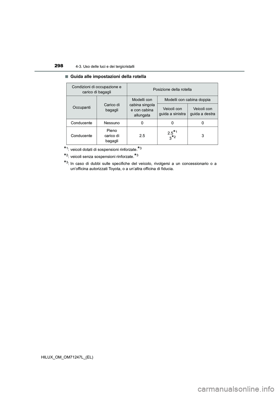 TOYOTA HILUX 2017  Manuale duso (in Italian) 2984-3. Uso delle luci e dei tergicristalli
HILUX_OM_OM71247L_(EL)■
Guida alle impostazioni della rotella
*1: veicoli dotati di sospensioni rinforzate.*3
*2: veicoli senza sospensioni rinforzate.*3
