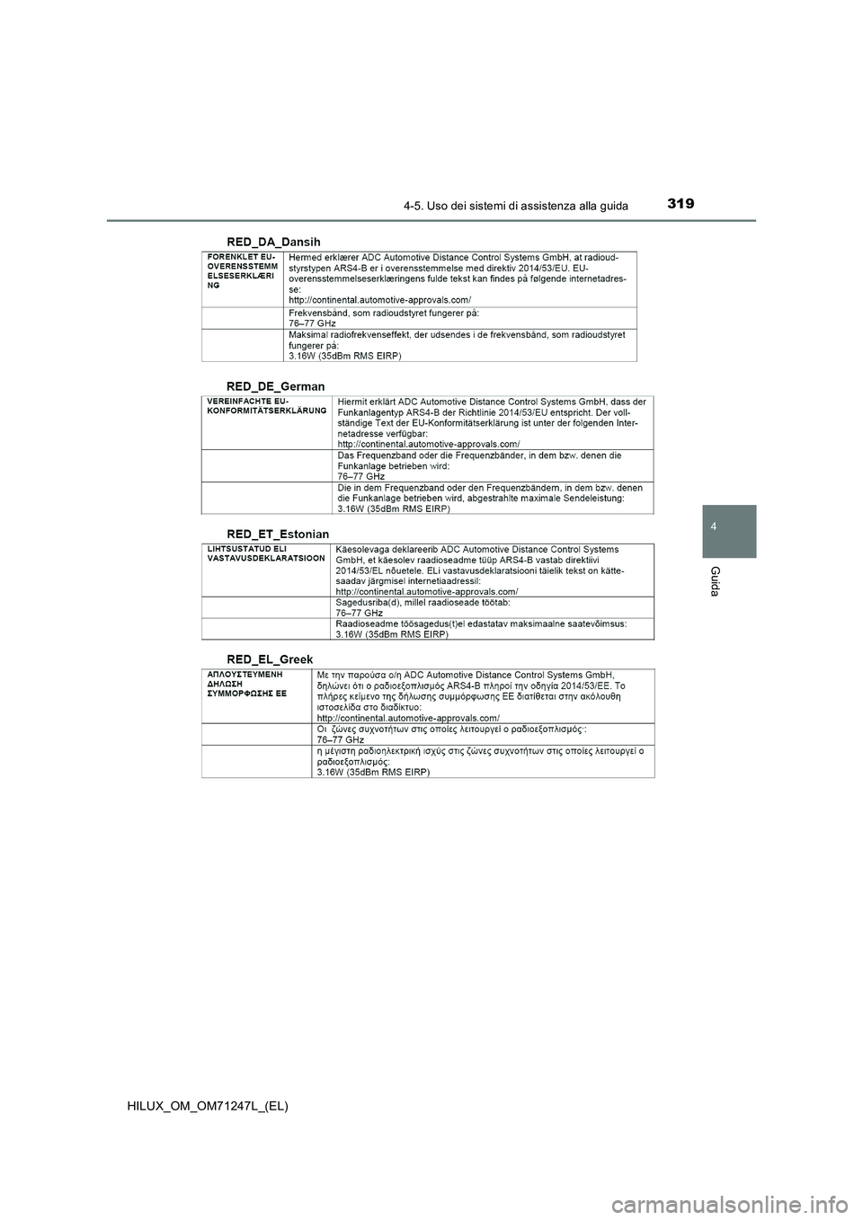 TOYOTA HILUX 2017  Manuale duso (in Italian) 3194-5. Uso dei sistemi di assistenza alla guida
4
Guida
HILUX_OM_OM71247L_(EL) 