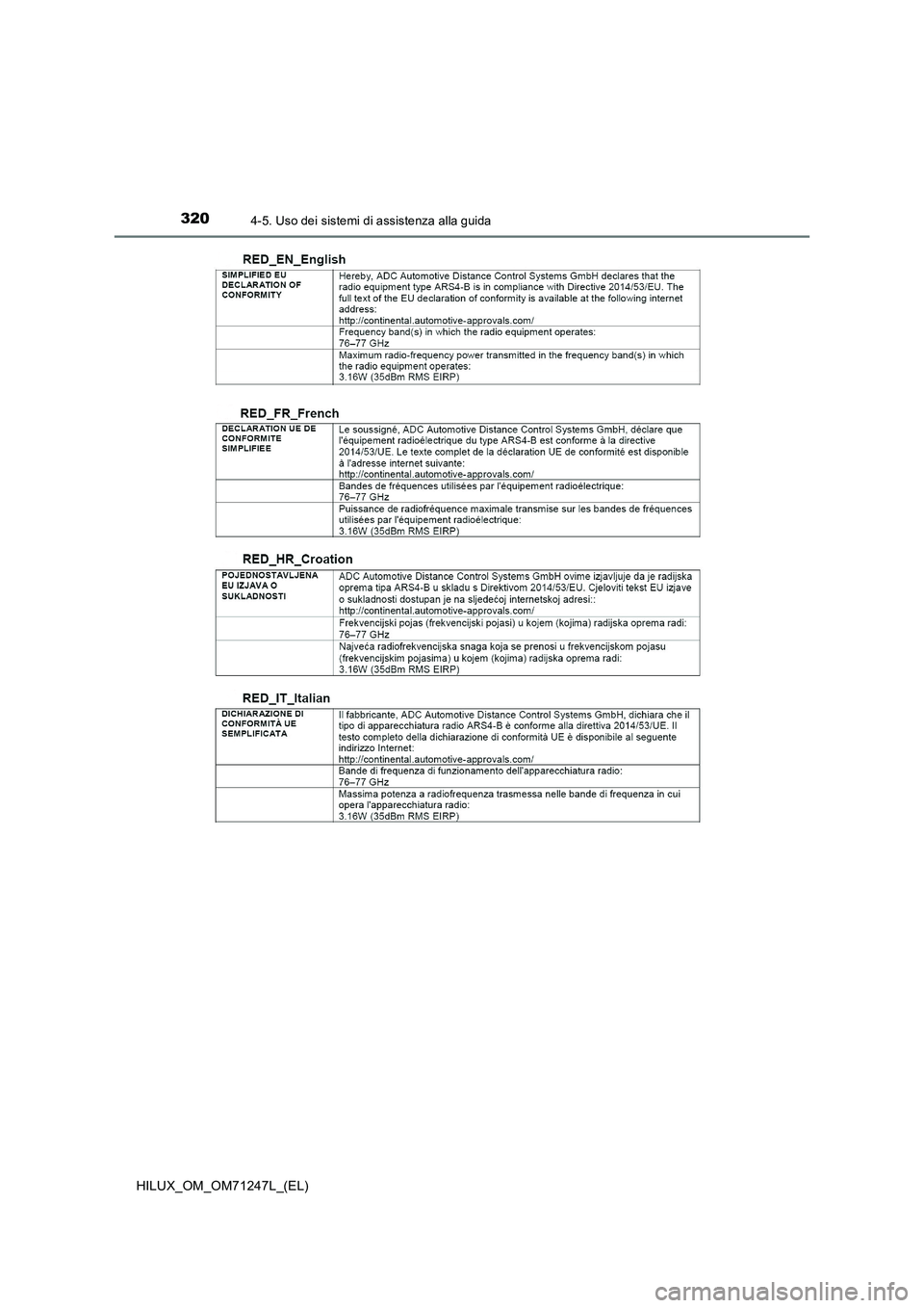 TOYOTA HILUX 2017  Manuale duso (in Italian) 3204-5. Uso dei sistemi di assistenza alla guida
HILUX_OM_OM71247L_(EL) 