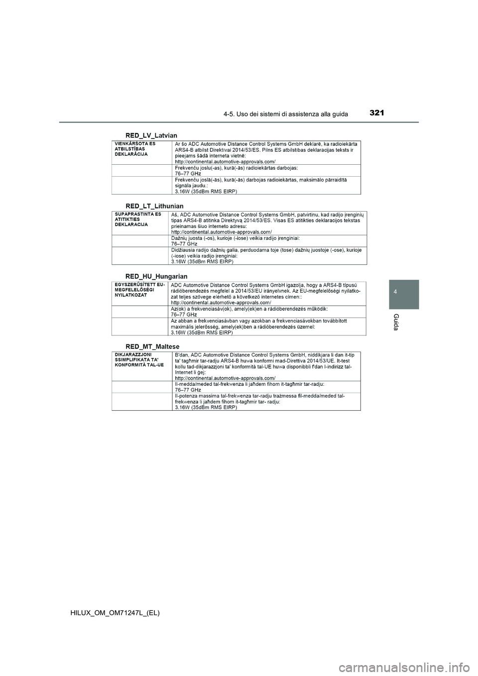 TOYOTA HILUX 2017  Manuale duso (in Italian) 3214-5. Uso dei sistemi di assistenza alla guida
4
Guida
HILUX_OM_OM71247L_(EL) 