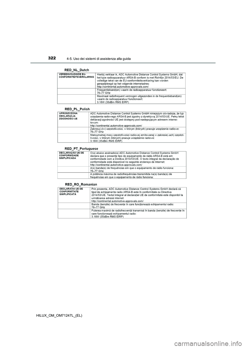 TOYOTA HILUX 2017  Manuale duso (in Italian) 3224-5. Uso dei sistemi di assistenza alla guida
HILUX_OM_OM71247L_(EL) 