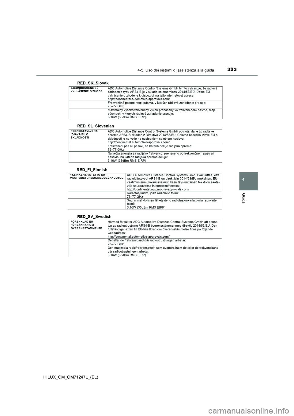 TOYOTA HILUX 2017  Manuale duso (in Italian) 3234-5. Uso dei sistemi di assistenza alla guida
4
Guida
HILUX_OM_OM71247L_(EL) 