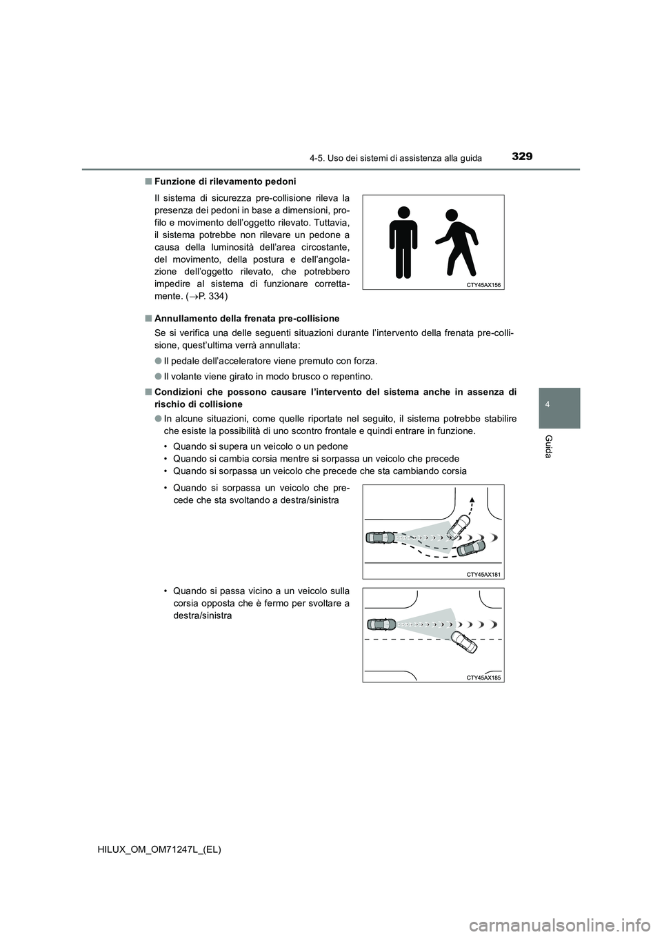 TOYOTA HILUX 2017 Manuale duso (in Italian) 3294-5. Uso dei sistemi di assistenza alla guida
4
Guida
HILUX_OM_OM71247L_(EL)■Funzione di rilevamento pedoni
■Annullamento della frenata pre-collisione
Se si verifica una delle seguenti situazio TOYOTA HILUX 2017 Manuale duso (in Italian) 3294-5. Uso dei sistemi di assistenza alla guida
4
Guida
HILUX_OM_OM71247L_(EL)■Funzione di rilevamento pedoni
■Annullamento della frenata pre-collisione
Se si verifica una delle seguenti situazio