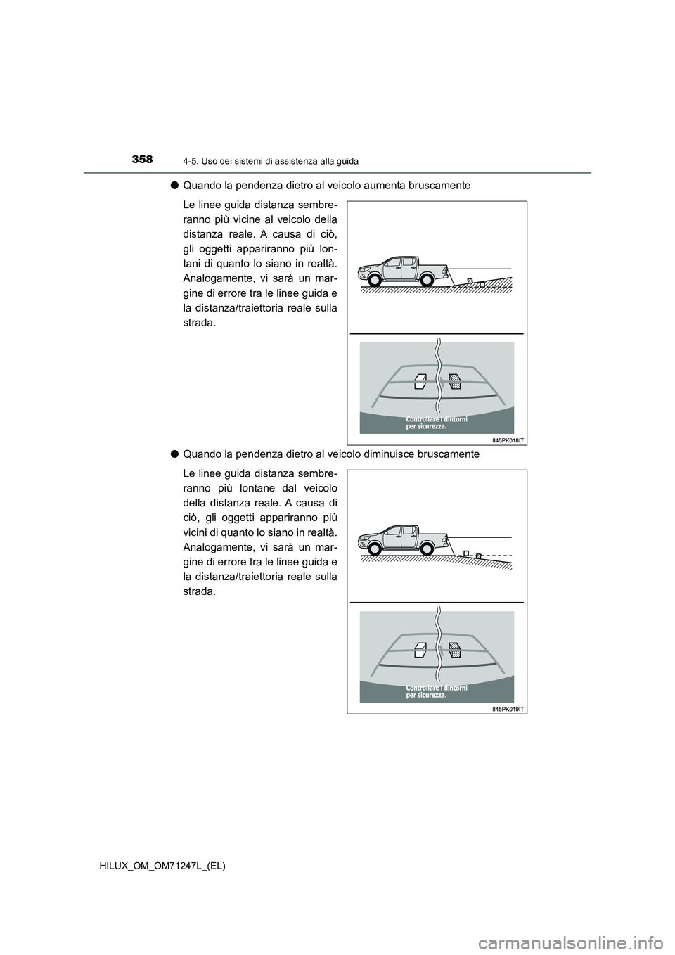 TOYOTA HILUX 2017  Manuale duso (in Italian) 3584-5. Uso dei sistemi di assistenza alla guida
HILUX_OM_OM71247L_(EL)
●Quando la pendenza dietro al veicolo aumenta bruscamente
Le linee guida distanza sembre-
ranno più vicine al veicolo della
d
