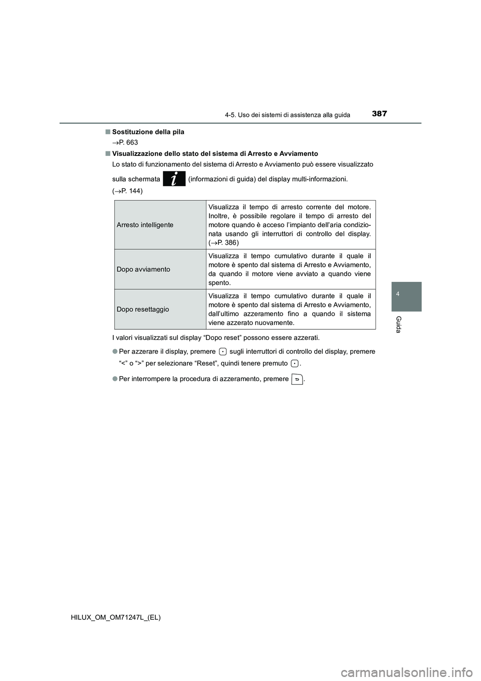 TOYOTA HILUX 2017 Manuale duso (in Italian) 3874-5. Uso dei sistemi di assistenza alla guida
4
Guida
HILUX_OM_OM71247L_(EL)■Sostituzione della pila
P. 6 6 3
■Visualizzazione dello stato del sistema di Arresto e Avviamento
Lo stato di fu TOYOTA HILUX 2017 Manuale duso (in Italian) 3874-5. Uso dei sistemi di assistenza alla guida
4
Guida
HILUX_OM_OM71247L_(EL)■Sostituzione della pila
P. 6 6 3
■Visualizzazione dello stato del sistema di Arresto e Avviamento
Lo stato di fu