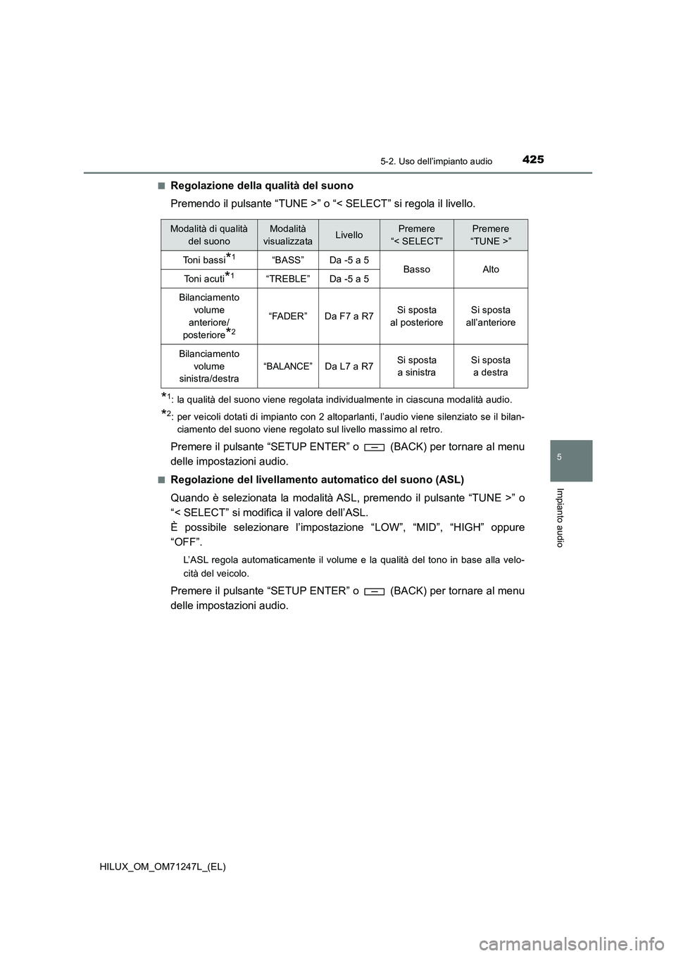 TOYOTA HILUX 2017 Manuale duso (in Italian) 4255-2. Uso dell’impianto audio
5
Impianto audio
HILUX_OM_OM71247L_(EL)■
Regolazione della qualità del suono
Premendo il pulsante “TUNE >” o “< SELECT” si regola il livello.
*1: la qualit TOYOTA HILUX 2017 Manuale duso (in Italian) 4255-2. Uso dell’impianto audio
5
Impianto audio
HILUX_OM_OM71247L_(EL)■
Regolazione della qualità del suono
Premendo il pulsante “TUNE >” o “< SELECT” si regola il livello.
*1: la qualit