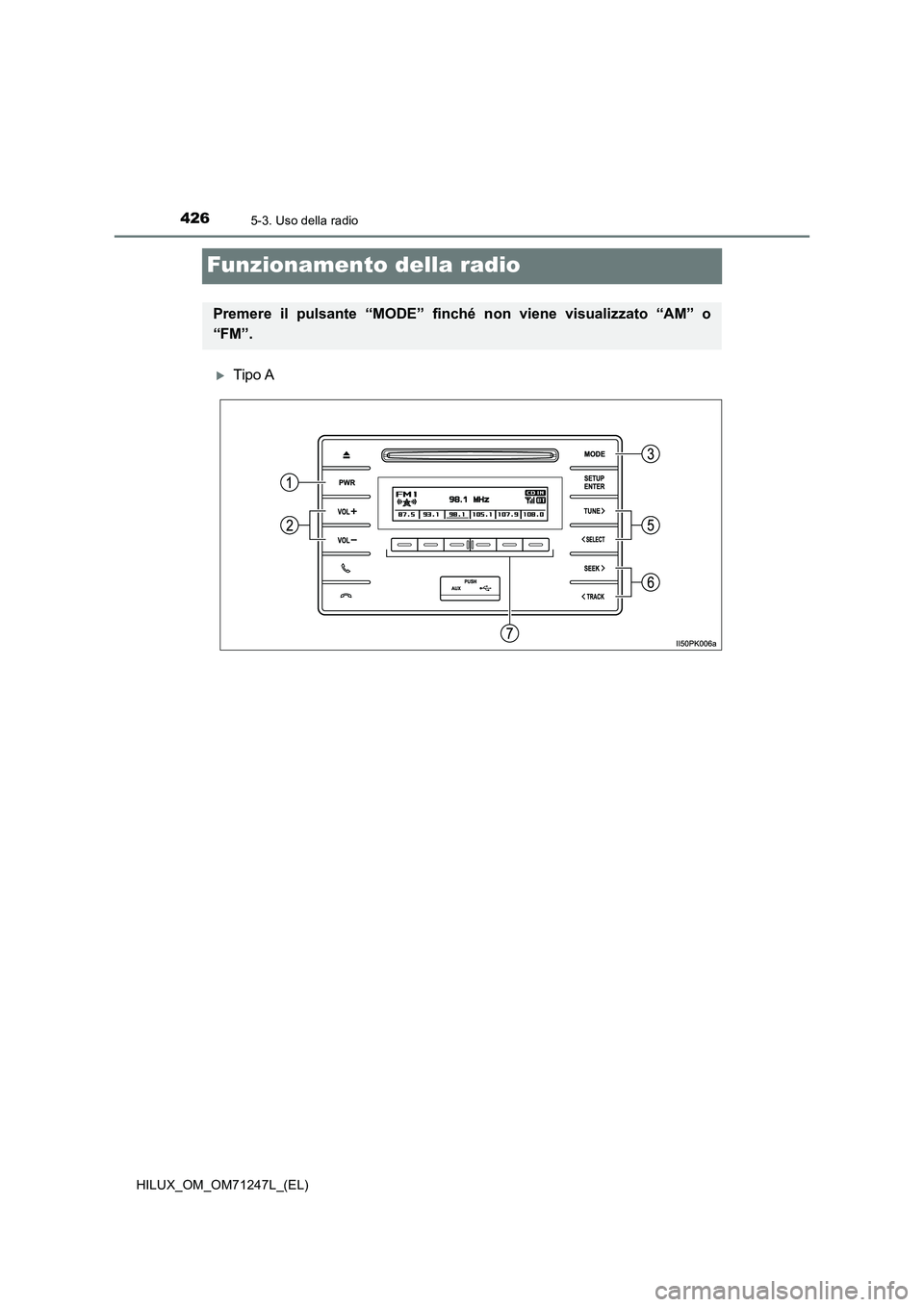 TOYOTA HILUX 2017  Manuale duso (in Italian) 4265-3. Uso della radio
HILUX_OM_OM71247L_(EL)
Funzionamento della radio
Tipo A
Premere il pulsante “MODE” finché non viene visualizzato “AM” o
“FM”. 