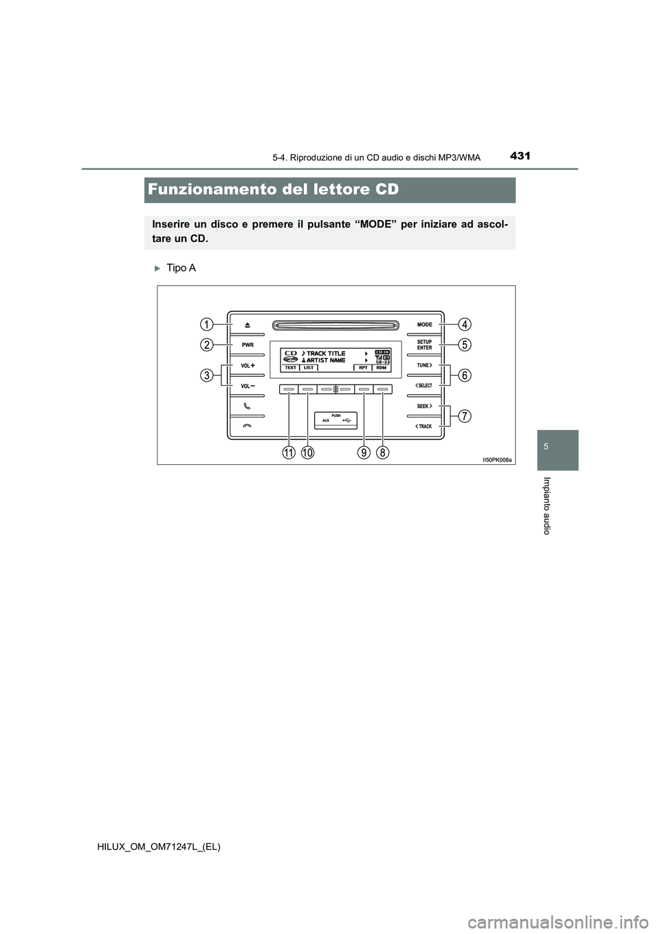 TOYOTA HILUX 2017  Manuale duso (in Italian) 431
5
5-4. Riproduzione di un CD audio e dischi MP3/WMA
Impianto audio
HILUX_OM_OM71247L_(EL)
Funzionamento del lettore CD
Tipo A
Inserire un disco e premere il pulsante “MODE” per iniziare ad 