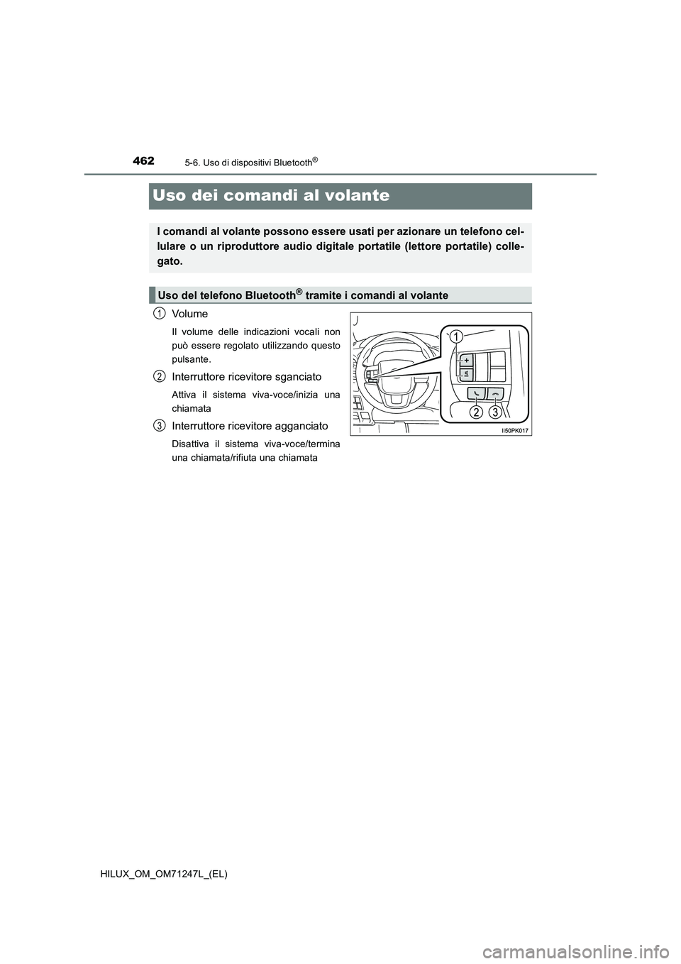TOYOTA HILUX 2017  Manuale duso (in Italian) 4625-6. Uso di dispositivi Bluetooth®
HILUX_OM_OM71247L_(EL)
Uso dei comandi al volante
Volume
Il volume delle indicazioni vocali non
può essere regolato utilizzando questo
pulsante.
Interruttore ri