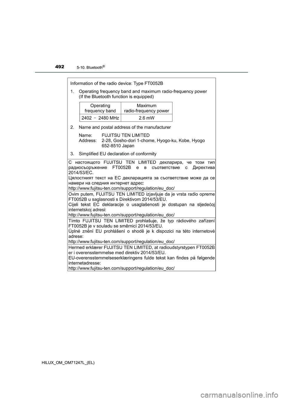 TOYOTA HILUX 2017  Manuale duso (in Italian) 4925-10. Bluetooth®
HILUX_OM_OM71247L_(EL) 