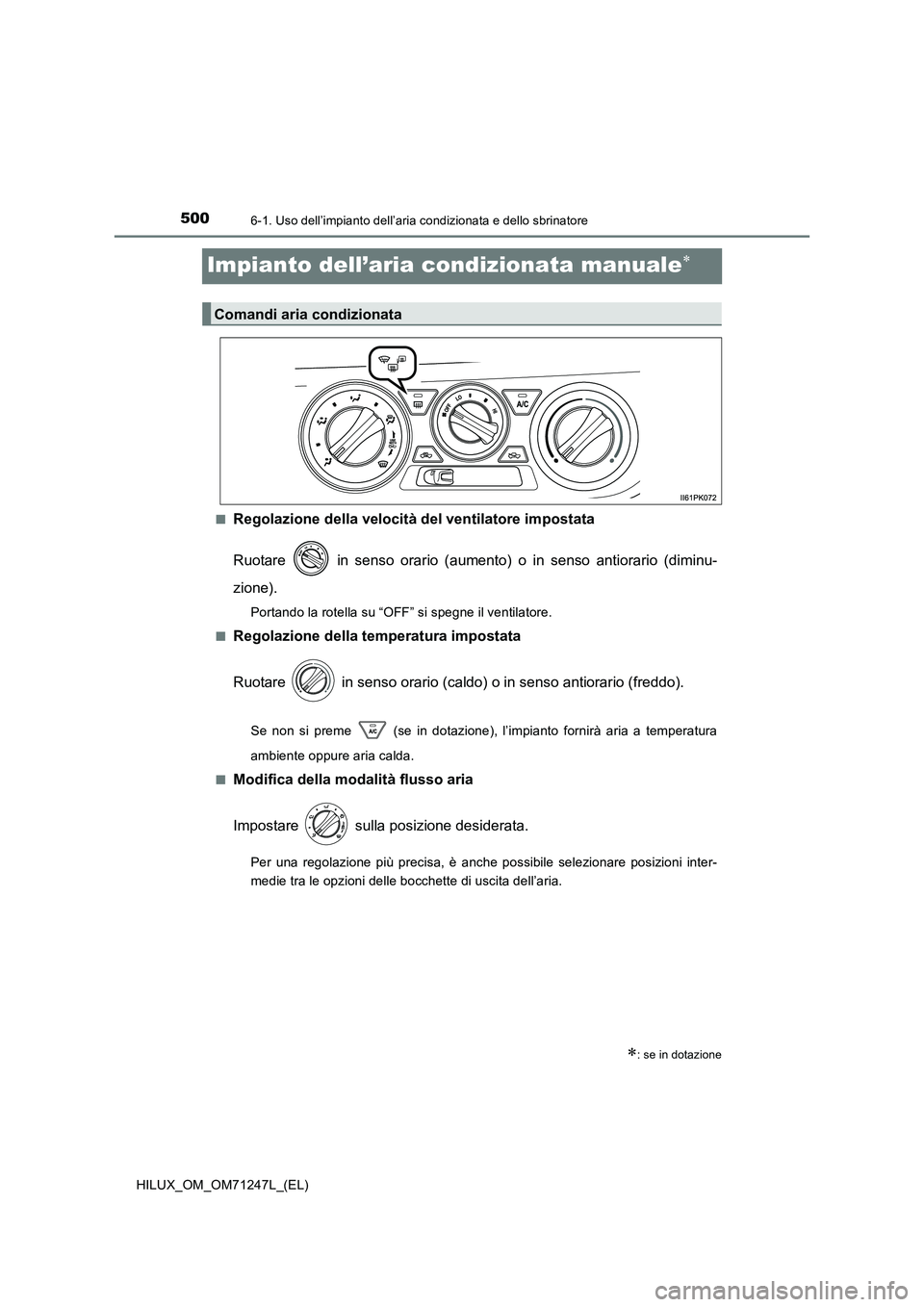 TOYOTA HILUX 2017  Manuale duso (in Italian) 5006-1. Uso dell’impianto dell’aria condizionata e dello sbrinatore
HILUX_OM_OM71247L_(EL)
Impianto dell’aria condizionata manuale
■Regolazione della velocità del ventilatore impostata 
Ru