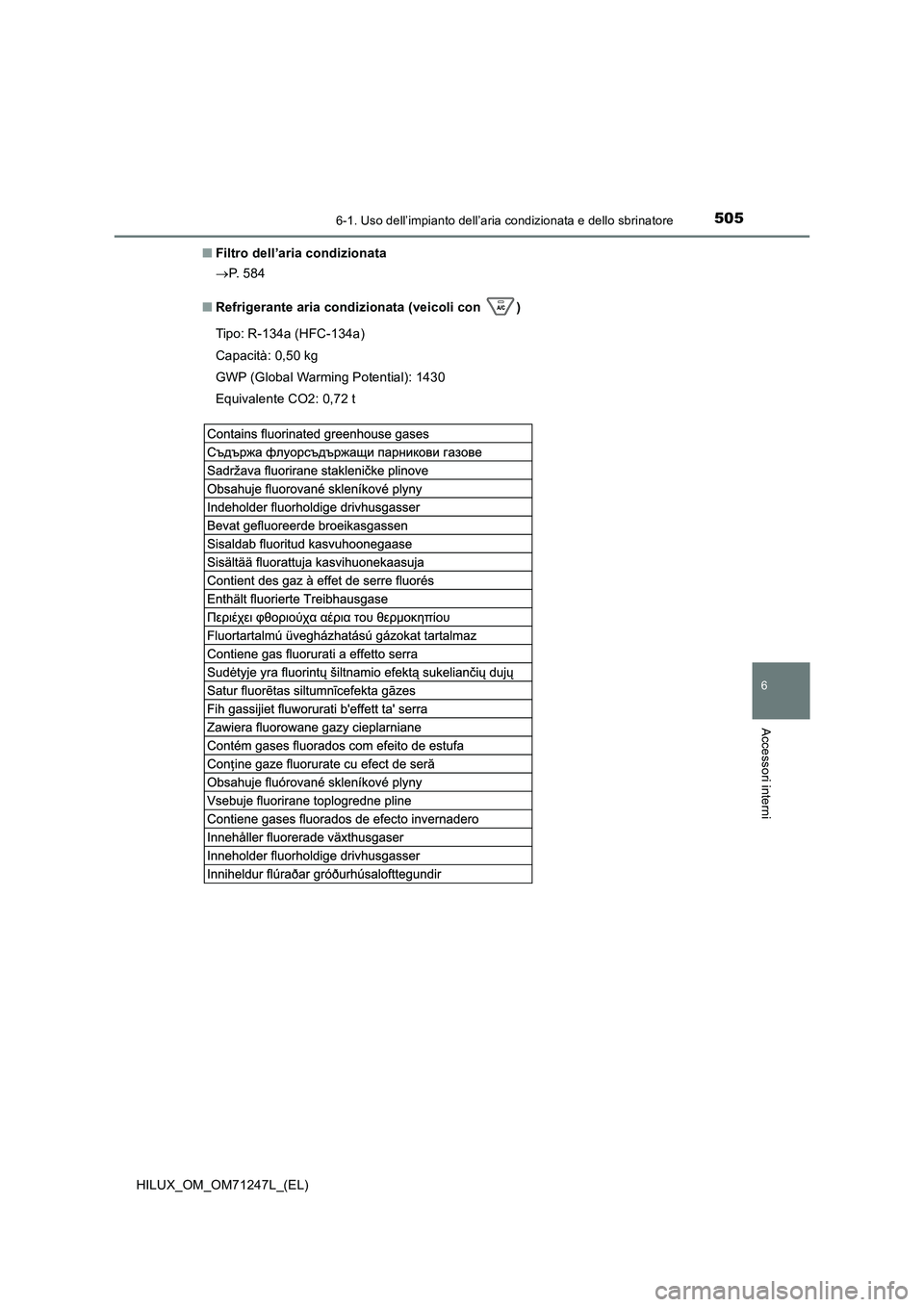 TOYOTA HILUX 2017  Manuale duso (in Italian) 5056-1. Uso dell’impianto dell’aria condizionata e dello sbrinatore
6
Accessori interni
HILUX_OM_OM71247L_(EL) 
■ Filtro dell’aria condizionata 
 P.  5 8 4 
■ Refrigerante aria condiziona