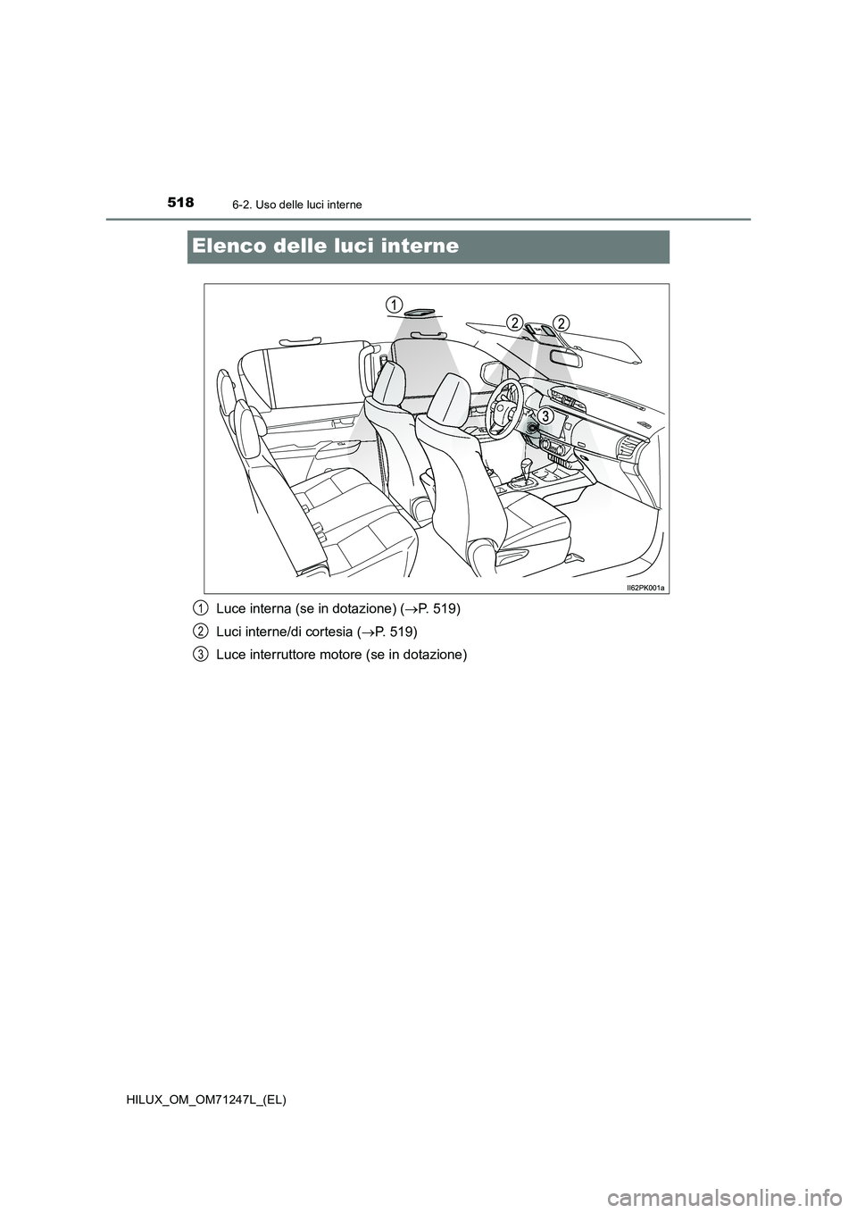 TOYOTA HILUX 2017  Manuale duso (in Italian) 5186-2. Uso delle luci interne
HILUX_OM_OM71247L_(EL)
Elenco delle luci interne
Luce interna (se in dotazione) (P. 519)
Luci interne/di cortesia (P. 519)
Luce interruttore motore (se in dotazion