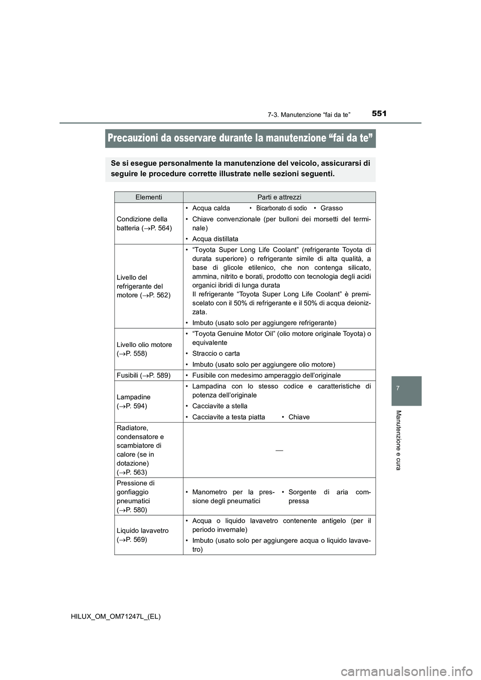 TOYOTA HILUX 2017 Manuale duso (in Italian) 5517-3. Manutenzione “fai da te”
HILUX_OM_OM71247L_(EL)
7
Manutenzione e cura
Precauzioni da osservare durante la manutenzione “fai da te”
Se si esegue personalmente la manutenzione del veicol TOYOTA HILUX 2017 Manuale duso (in Italian) 5517-3. Manutenzione “fai da te”
HILUX_OM_OM71247L_(EL)
7
Manutenzione e cura
Precauzioni da osservare durante la manutenzione “fai da te”
Se si esegue personalmente la manutenzione del veicol
