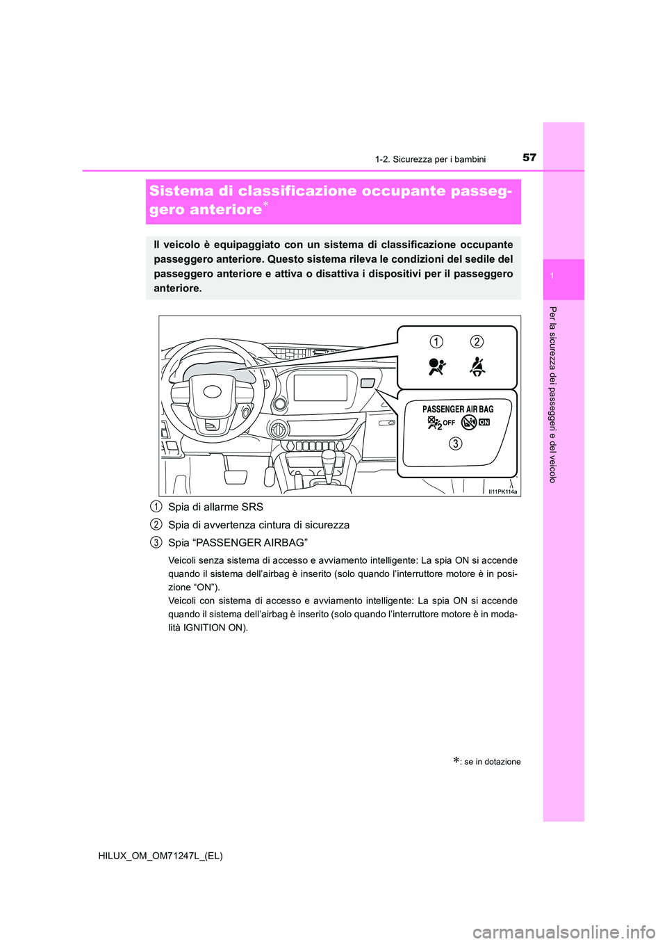 TOYOTA HILUX 2017  Manuale duso (in Italian) 57
1
1-2. Sicurezza per i bambini
HILUX_OM_OM71247L_(EL)
Per la sicurezza dei passeggeri e del veicolo
Sistema di classificazione occupante passeg- 
gero anteriore
Spia di allarme SRS 
Spia di avve