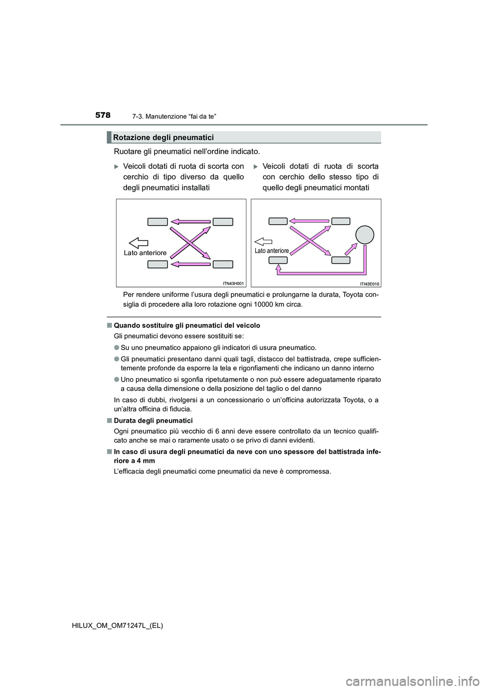 TOYOTA HILUX 2017 Manuale duso (in Italian) 5787-3. Manutenzione “fai da te”
HILUX_OM_OM71247L_(EL)
Ruotare gli pneumatici nell’ordine indicato.
Per rendere uniforme l’usura degli pneumatici e prolungarne la durata, Toyota con-
siglia d TOYOTA HILUX 2017 Manuale duso (in Italian) 5787-3. Manutenzione “fai da te”
HILUX_OM_OM71247L_(EL)
Ruotare gli pneumatici nell’ordine indicato.
Per rendere uniforme l’usura degli pneumatici e prolungarne la durata, Toyota con-
siglia d