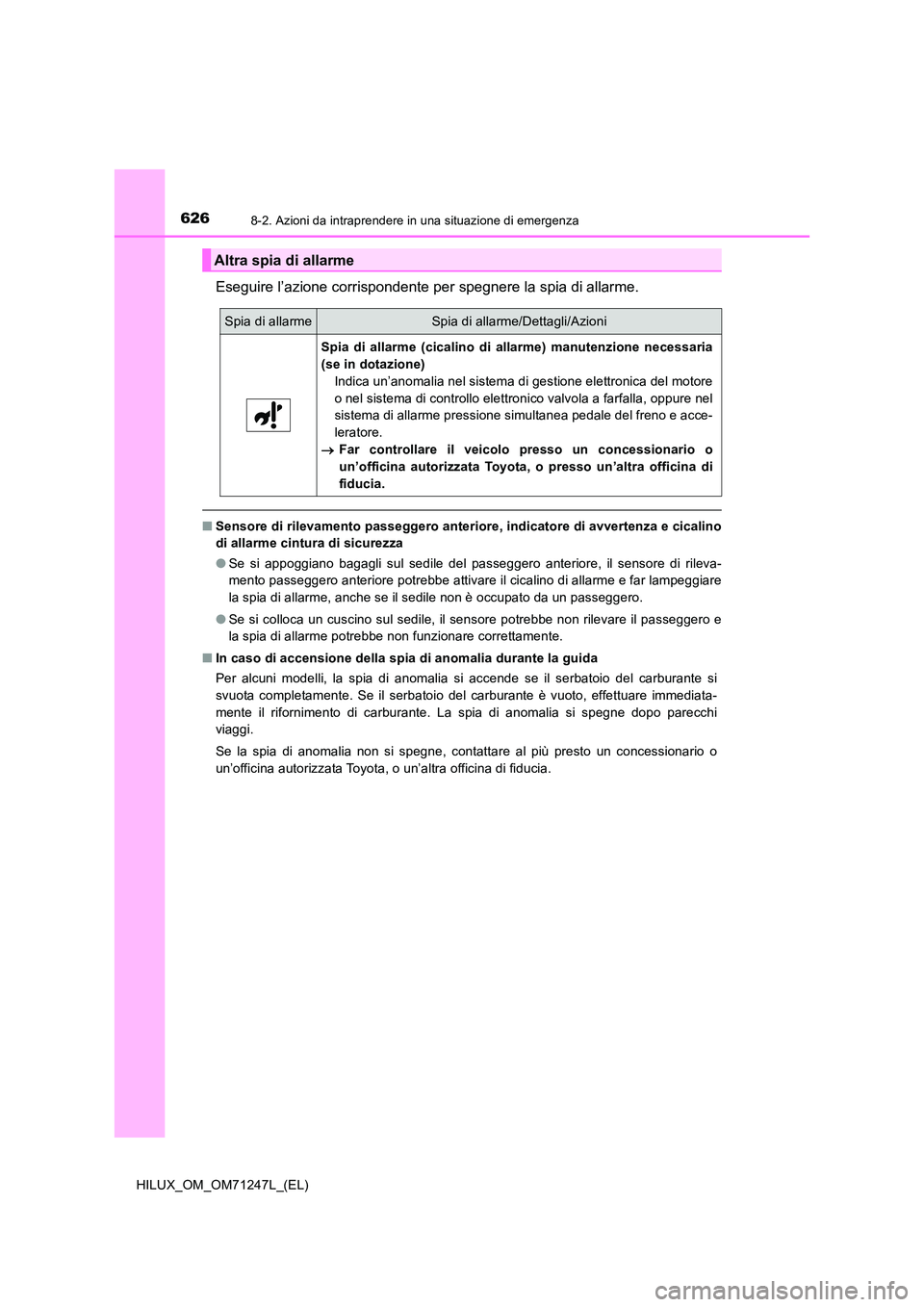 TOYOTA HILUX 2017 Manuale duso (in Italian) 6268-2. Azioni da intraprendere in una situazione di emergenza
HILUX_OM_OM71247L_(EL)
Eseguire l’azione corrispondente per spegnere la spia di allarme.
■Sensore di rilevamento passeggero anteriore TOYOTA HILUX 2017 Manuale duso (in Italian) 6268-2. Azioni da intraprendere in una situazione di emergenza
HILUX_OM_OM71247L_(EL)
Eseguire l’azione corrispondente per spegnere la spia di allarme.
■Sensore di rilevamento passeggero anteriore