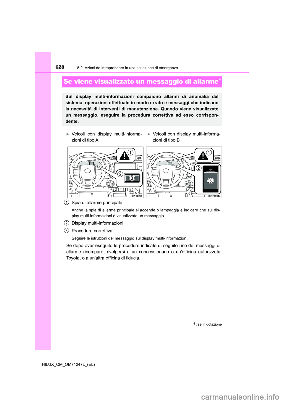 TOYOTA HILUX 2017 Manuale duso (in Italian) 6288-2. Azioni da intraprendere in una situazione di emergenza
HILUX_OM_OM71247L_(EL)
Se viene visualizzato un messaggio di allarme
Spia di allarme principale
Anche la spia di allarme principale si TOYOTA HILUX 2017 Manuale duso (in Italian) 6288-2. Azioni da intraprendere in una situazione di emergenza
HILUX_OM_OM71247L_(EL)
Se viene visualizzato un messaggio di allarme
Spia di allarme principale
Anche la spia di allarme principale si