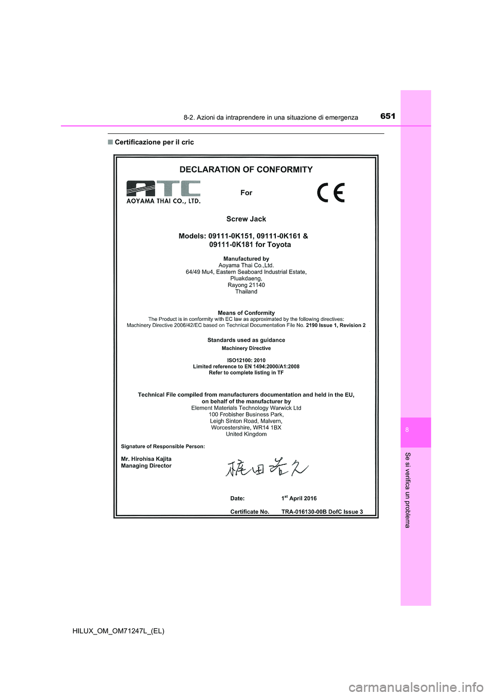TOYOTA HILUX 2017  Manuale duso (in Italian) 6518-2. Azioni da intraprendere in una situazione di emergenza
HILUX_OM_OM71247L_(EL)
8
Se si verifica un problema
■Certificazione per il cric 