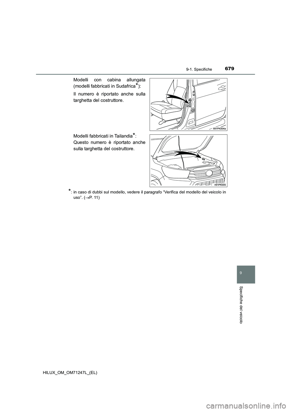 TOYOTA HILUX 2017  Manuale duso (in Italian) 679
9
9-1. Specifiche
Specifiche del veicolo
HILUX_OM_OM71247L_(EL)
Modelli con cabina allungata
(modelli fabbricati in Sudafrica
*):
Il numero è riportato anche sulla
targhetta del costruttore.
Mode