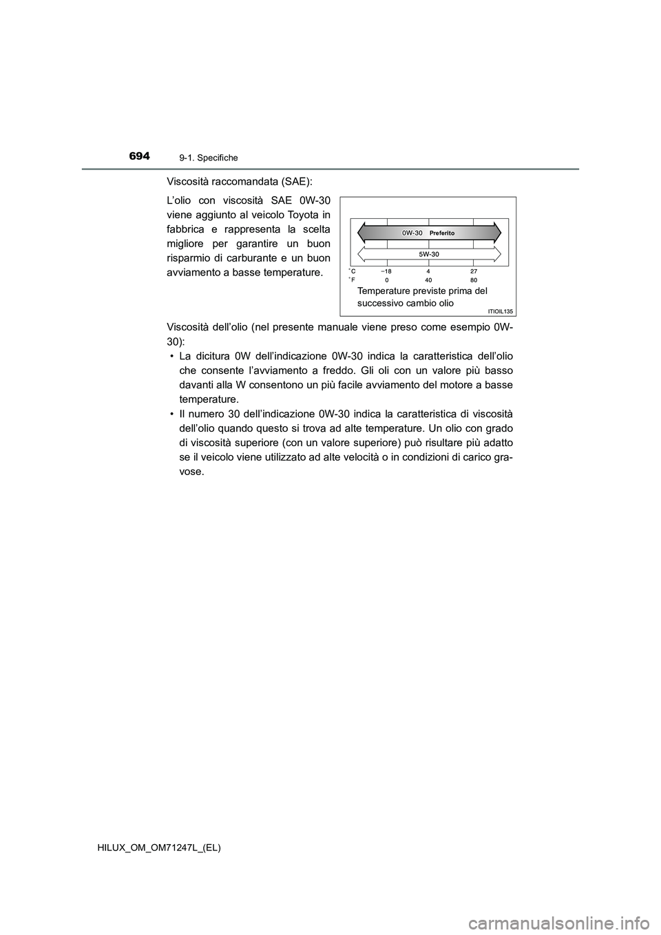 TOYOTA HILUX 2017  Manuale duso (in Italian) 6949-1. Specifiche
HILUX_OM_OM71247L_(EL)
Viscosità raccomandata (SAE):
L’olio con viscosità SAE 0W-30
viene aggiunto al veicolo Toyota in
fabbrica e rappresenta la scelta
migliore per garantire u