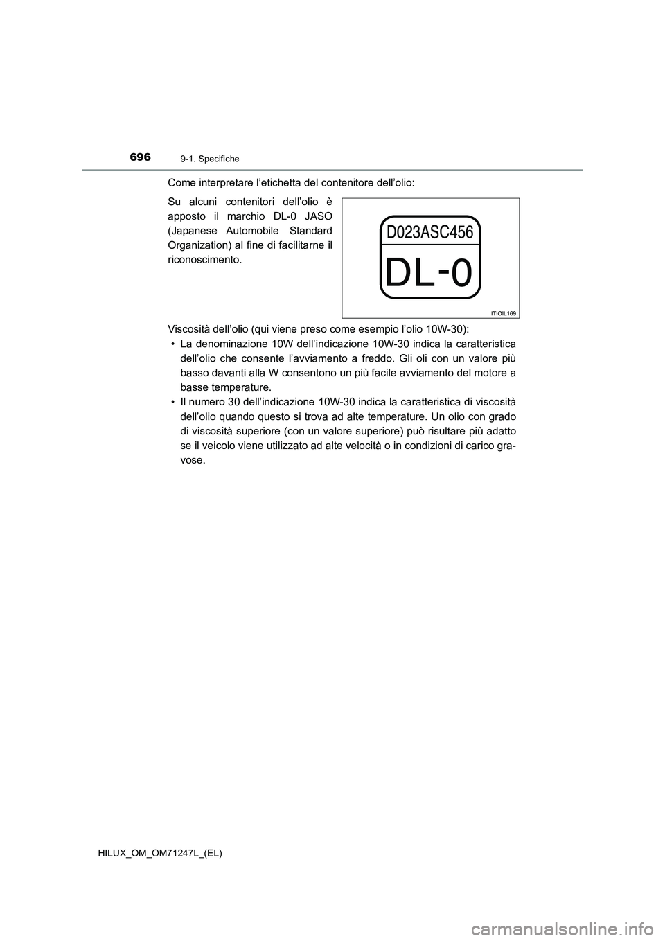 TOYOTA HILUX 2017  Manuale duso (in Italian) 6969-1. Specifiche
HILUX_OM_OM71247L_(EL)
Come interpretare l’etichetta del contenitore dell’olio:
Su alcuni contenitori dell’olio è
apposto il marchio DL-0 JASO
(Japanese Automobile  Standard
