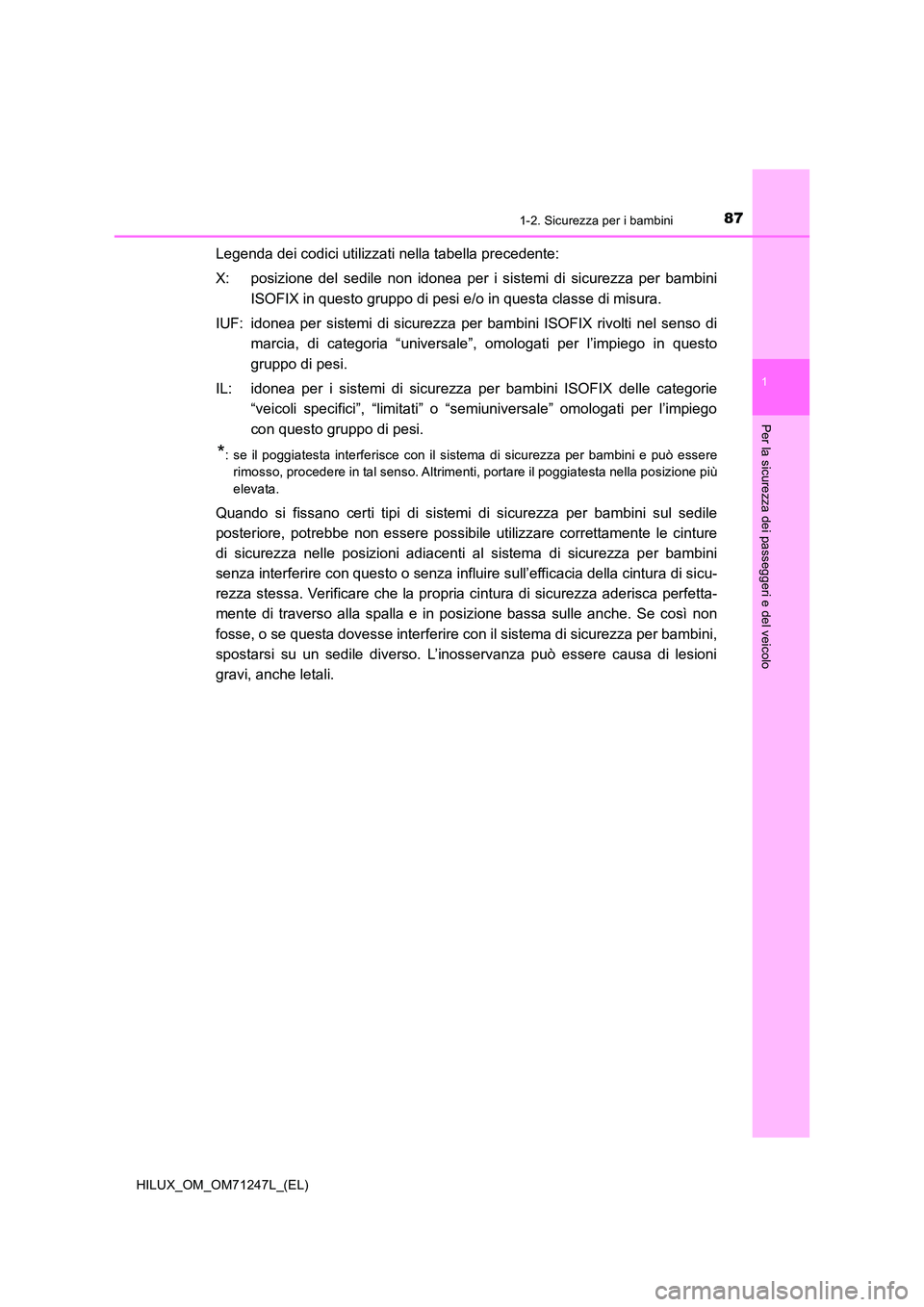 TOYOTA HILUX 2017 Manuale duso (in Italian) 871-2. Sicurezza per i bambini
1
HILUX_OM_OM71247L_(EL)
Per la sicurezza dei passeggeri e del veicolo
Legenda dei codici utilizzati nella tabella precedente:
X: posizione del sedile non idonea per i TOYOTA HILUX 2017 Manuale duso (in Italian) 871-2. Sicurezza per i bambini
1
HILUX_OM_OM71247L_(EL)
Per la sicurezza dei passeggeri e del veicolo
Legenda dei codici utilizzati nella tabella precedente:
X: posizione del sedile non idonea per i