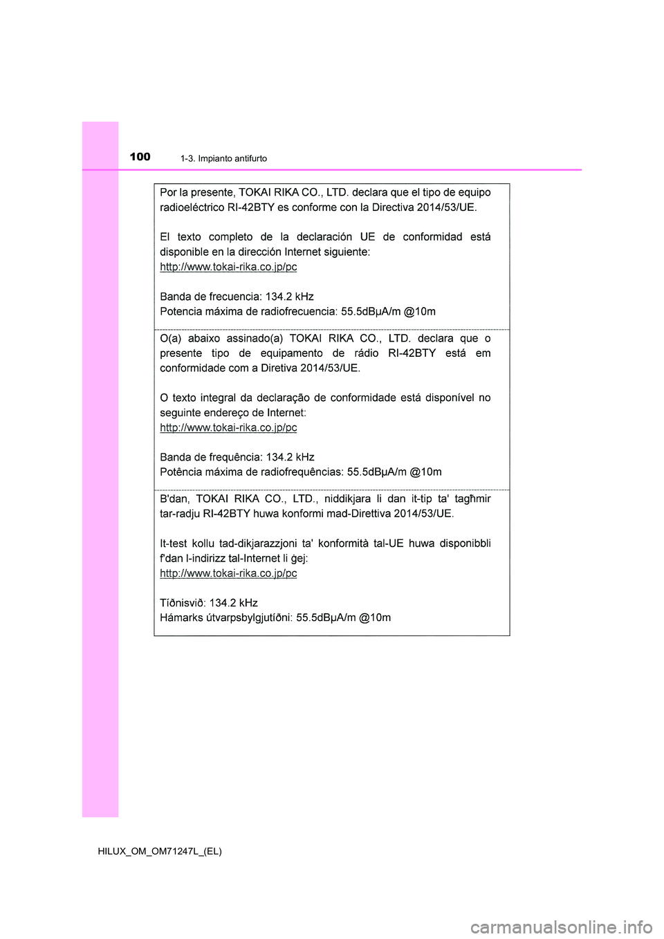 TOYOTA HILUX 2017  Manuale duso (in Italian) 1001-3. Impianto antifurto
HILUX_OM_OM71247L_(EL) 