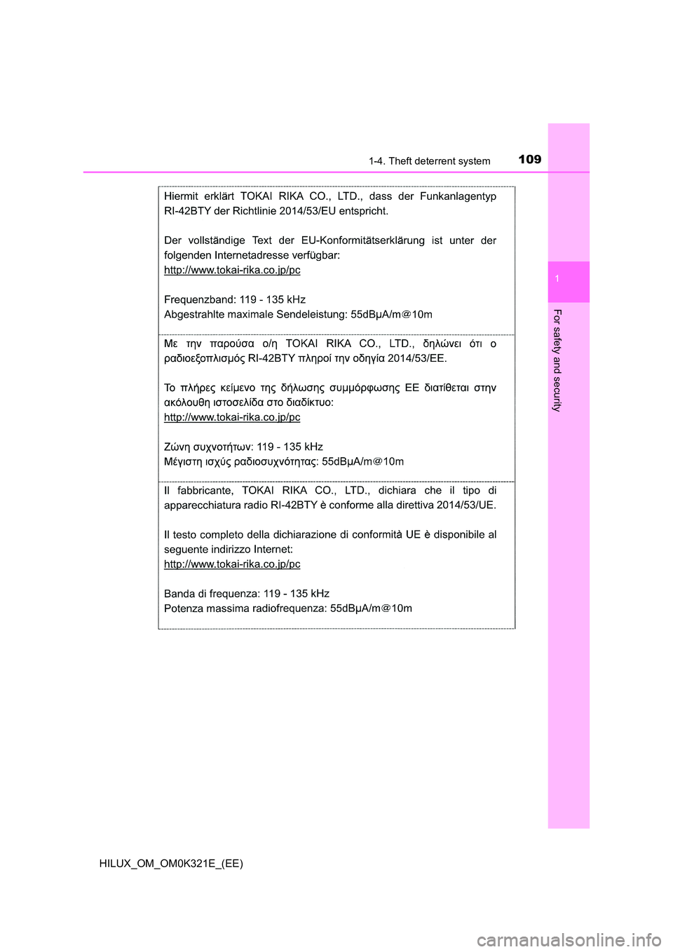 TOYOTA HILUX 2020  Owners Manual (in English) 1091-4. Theft deterrent system
1
HILUX_OM_OM0K321E_(EE)
For safety and security 