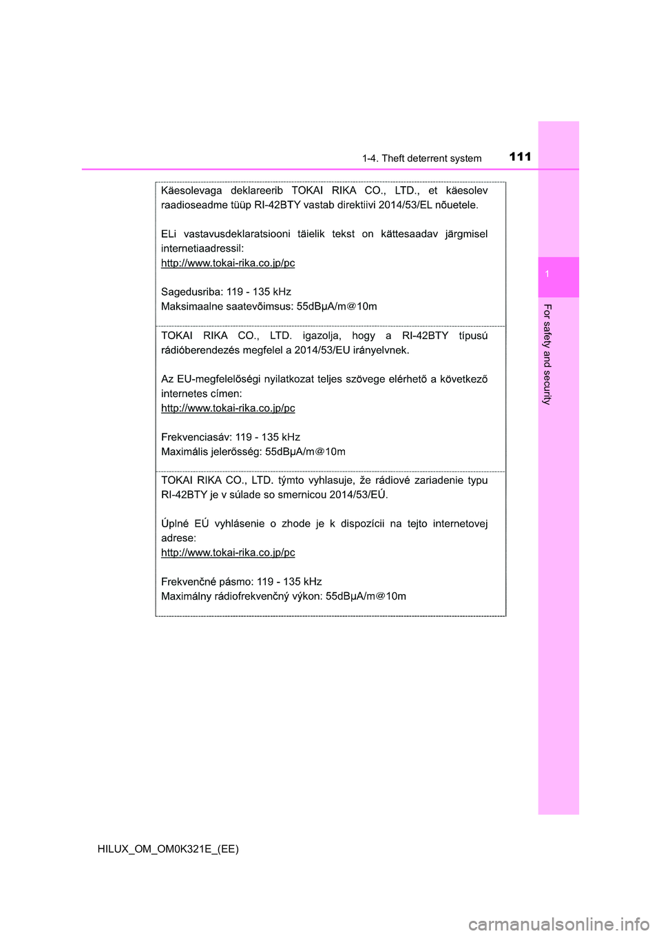 TOYOTA HILUX 2020  Owners Manual (in English) 1111-4. Theft deterrent system
1
HILUX_OM_OM0K321E_(EE)
For safety and security 