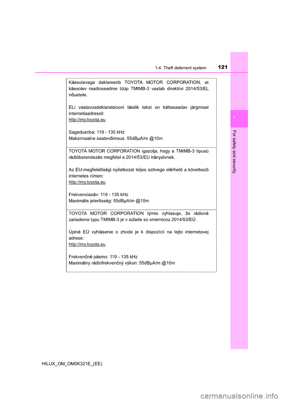 TOYOTA HILUX 2020  Owners Manual (in English) 1211-4. Theft deterrent system
1
HILUX_OM_OM0K321E_(EE)
For safety and security 