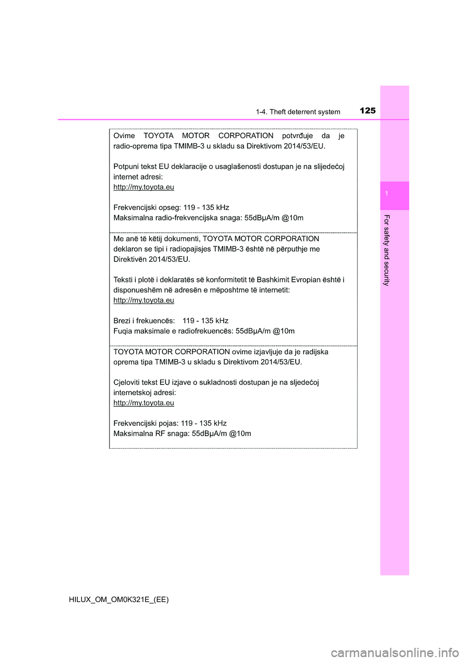 TOYOTA HILUX 2020  Owners Manual (in English) 1251-4. Theft deterrent system
1
HILUX_OM_OM0K321E_(EE)
For safety and security 