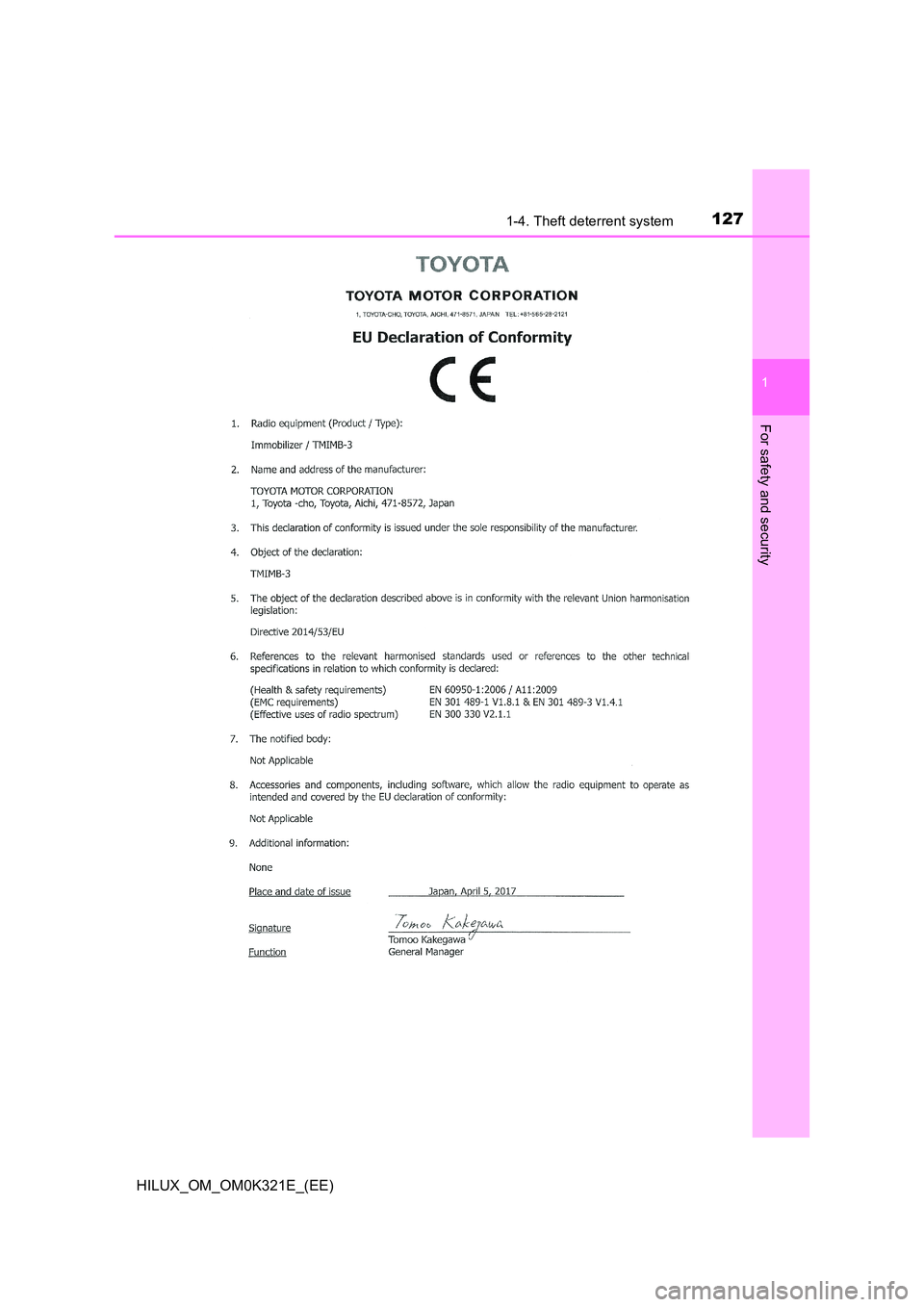 TOYOTA HILUX 2020  Owners Manual (in English) 1271-4. Theft deterrent system
1
HILUX_OM_OM0K321E_(EE)
For safety and security 