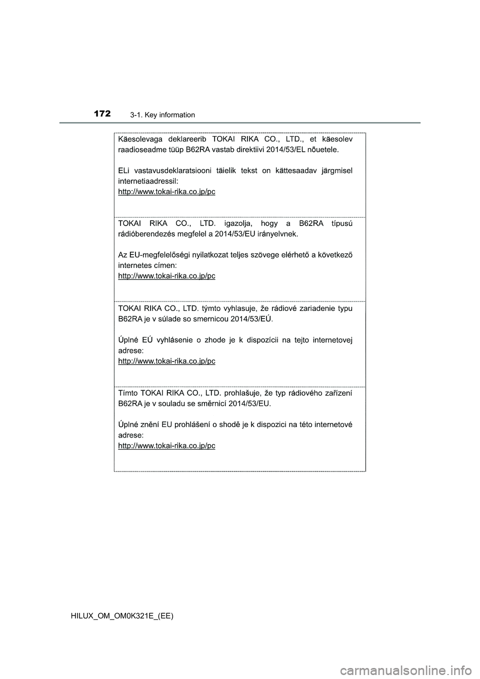 TOYOTA HILUX 2020  Owners Manual (in English) 1723-1. Key information
HILUX_OM_OM0K321E_(EE) 